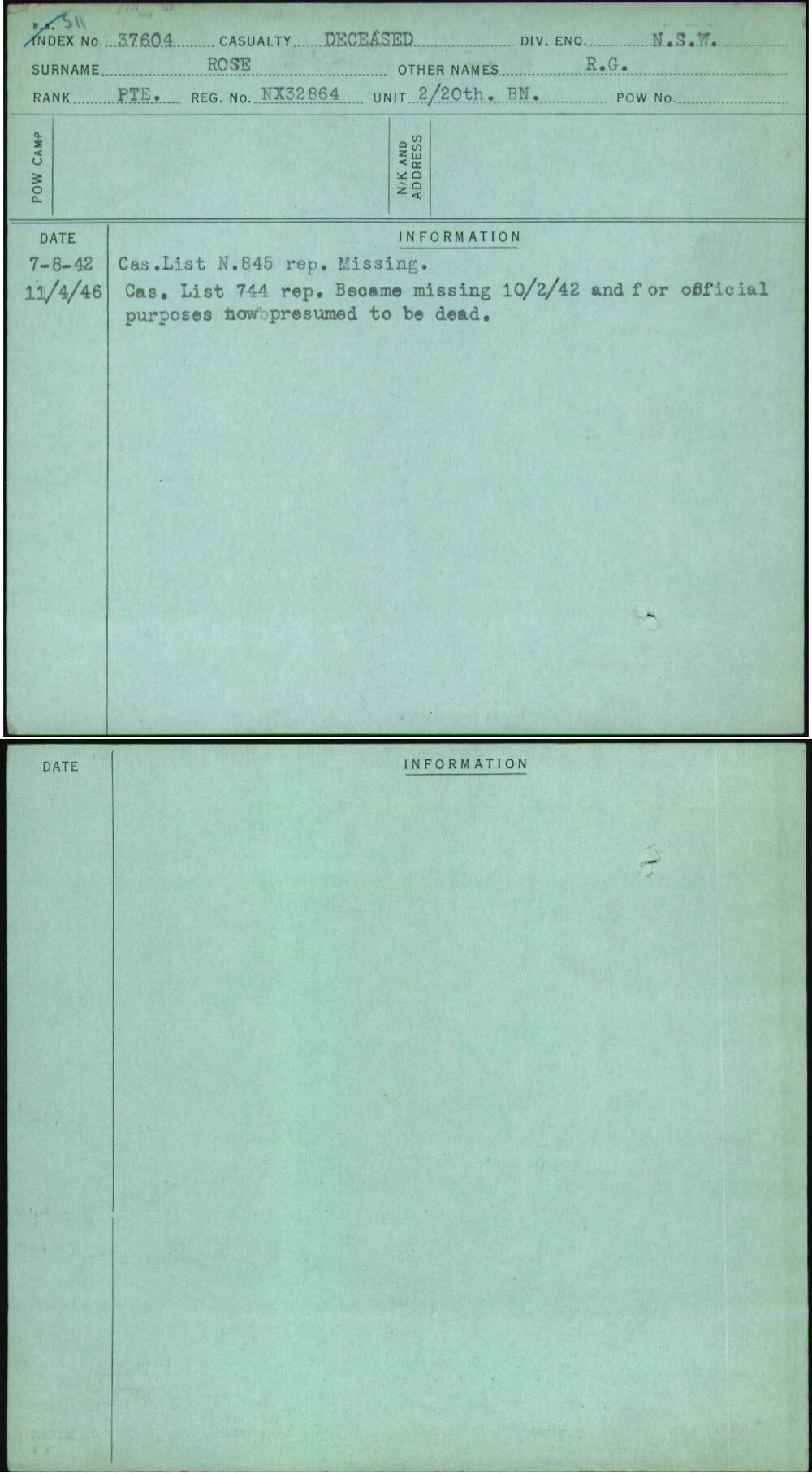 Rose, R G, NX32864