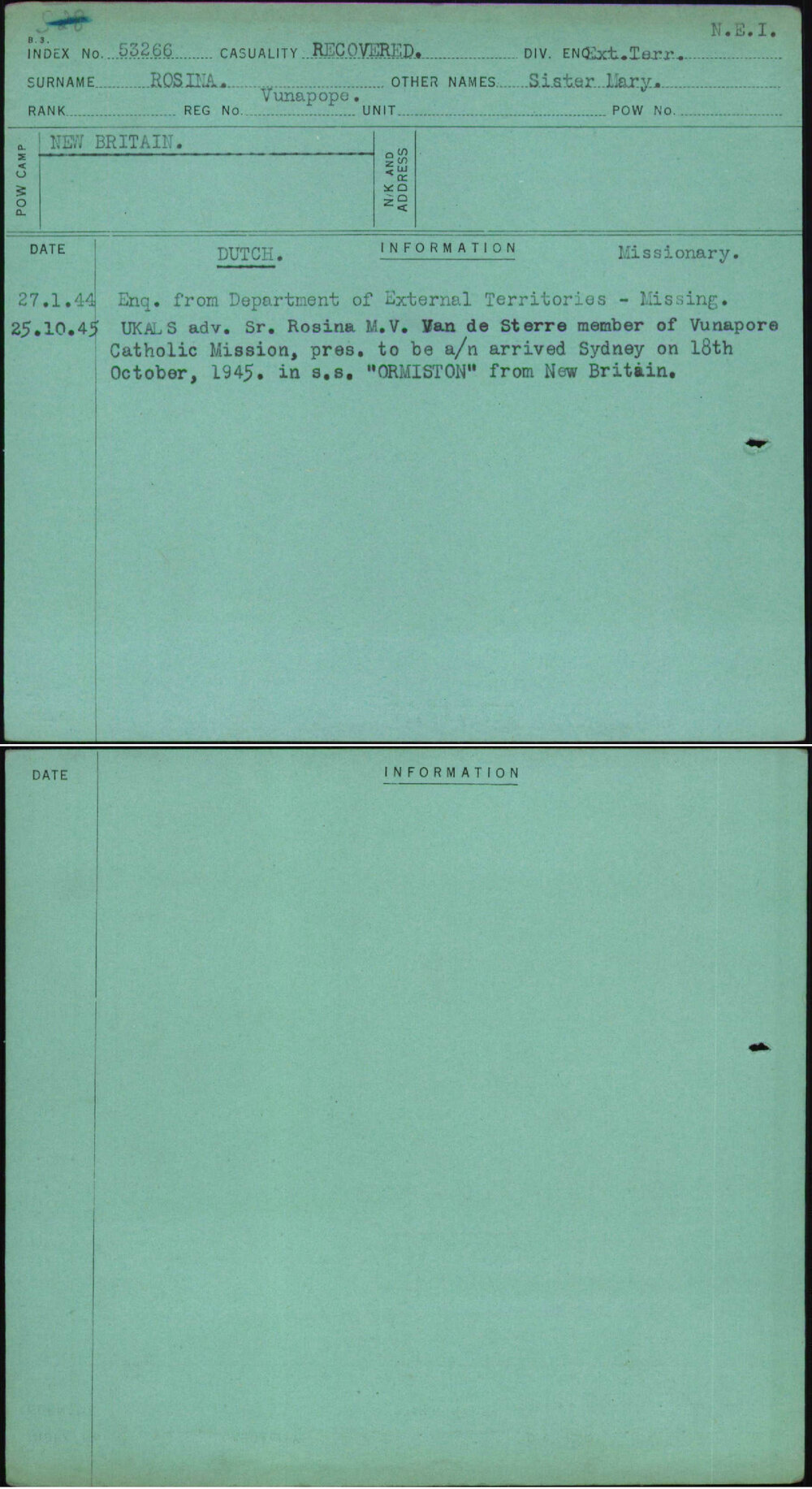 Rosina, Sister Mary, Vunapope