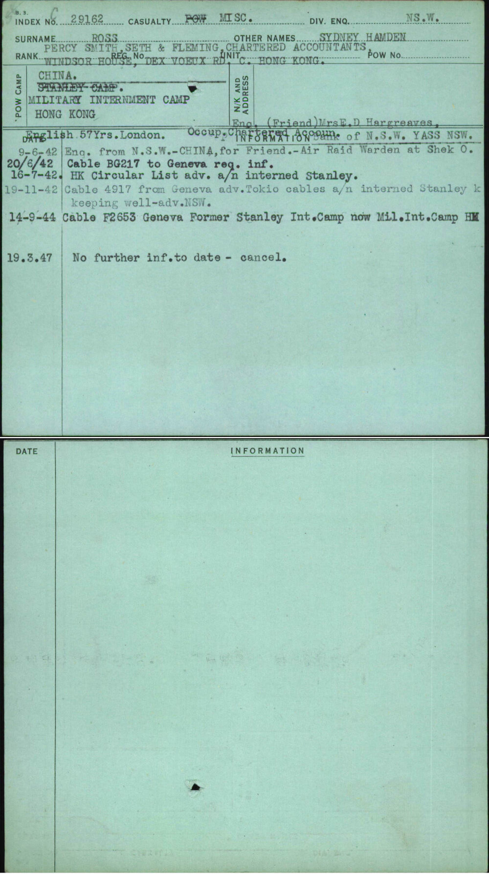 Ross, Sydney Hamden, [No Service Number]