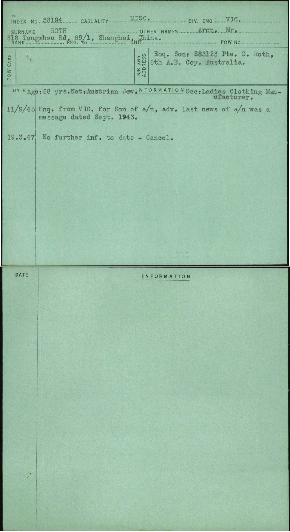 Roth, Aron Mr, [No Service Number]