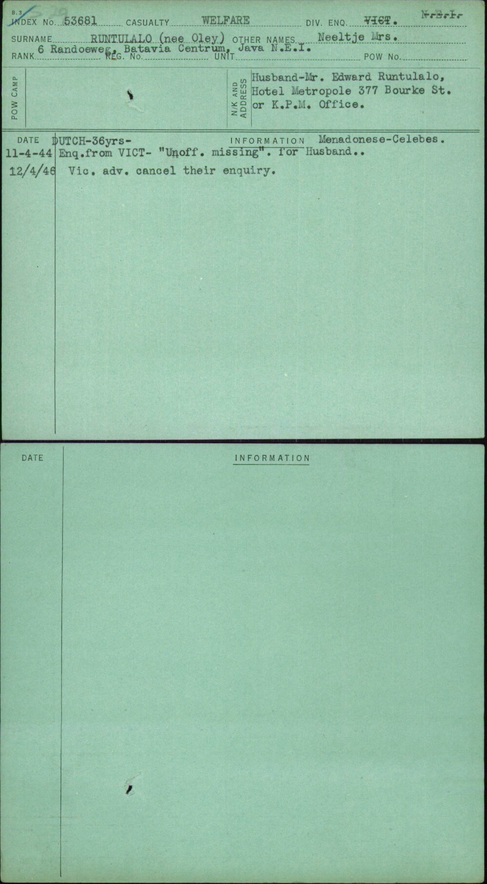 Runtulalo (Nee Oley), Neeltje Mrs, [No Service Number]