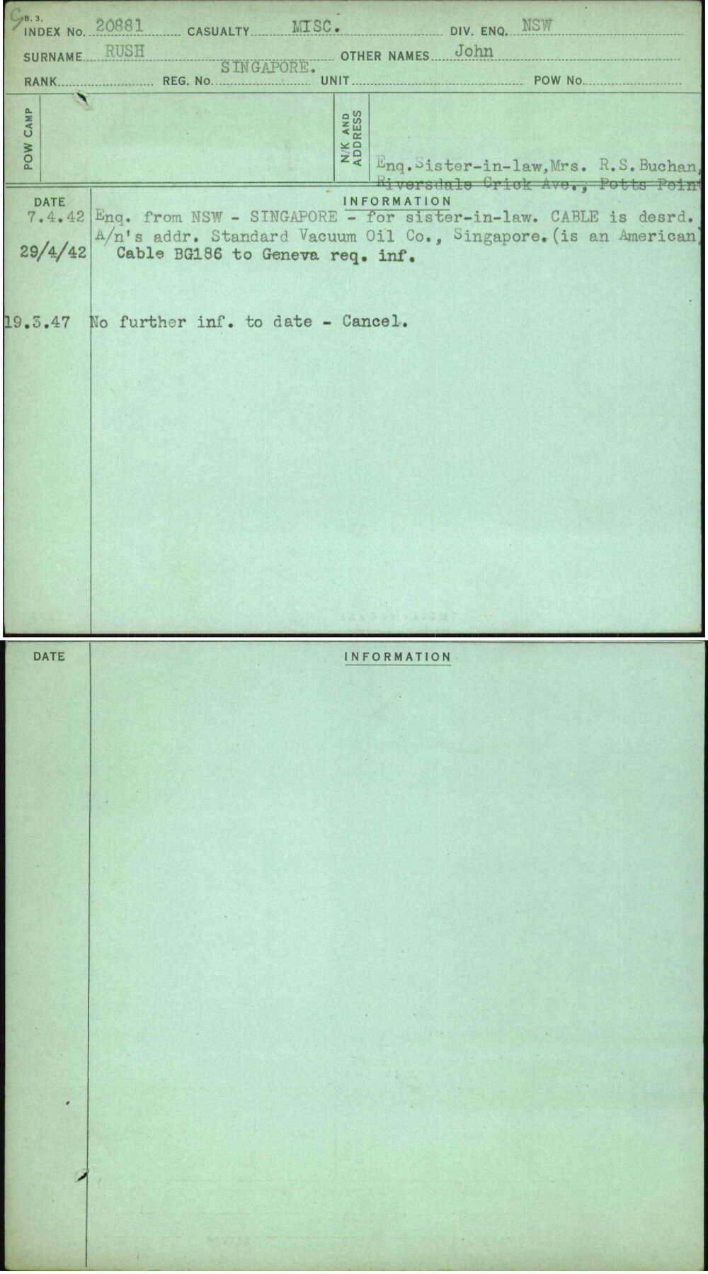 Rush, John, Singapore