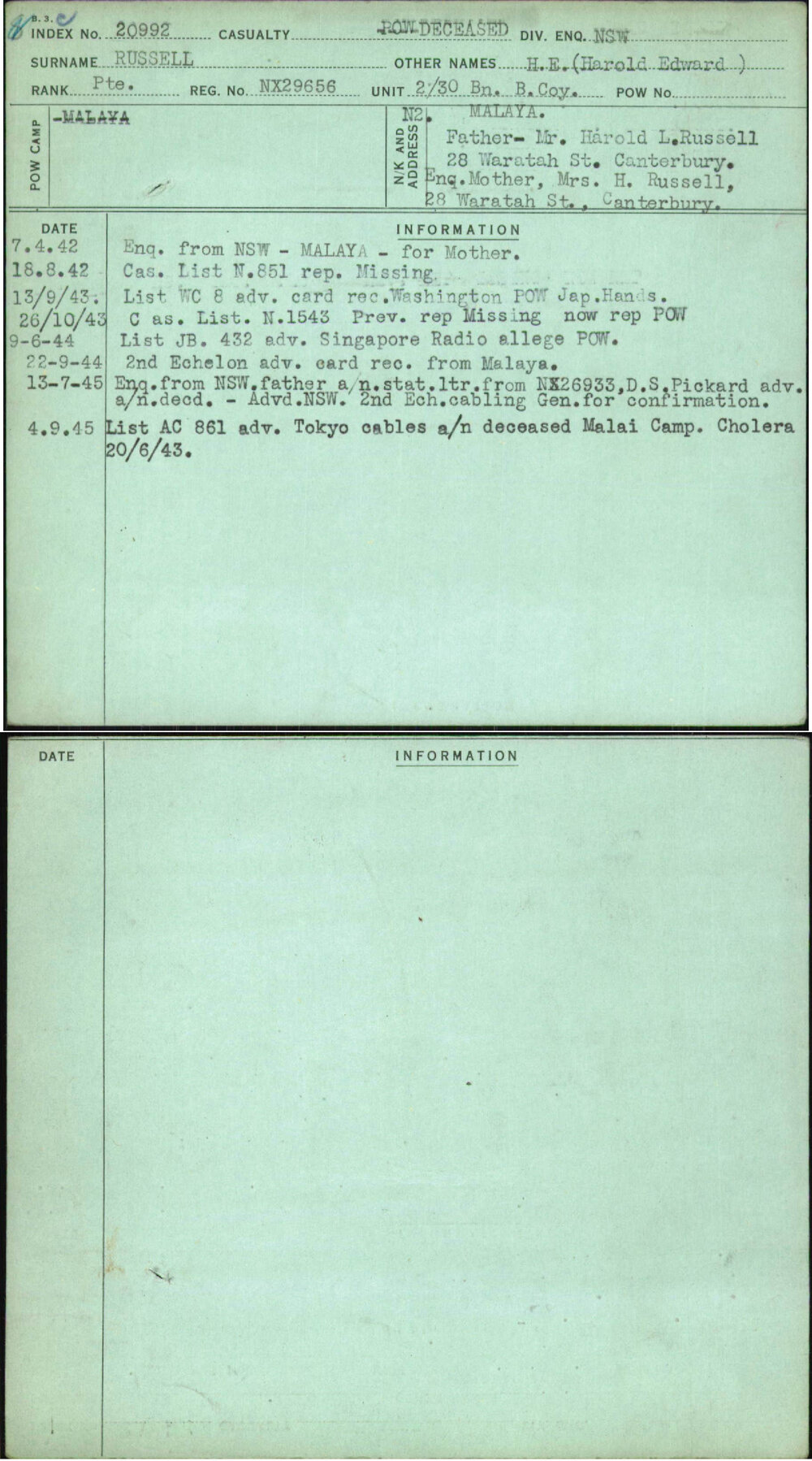 Russell, H E (Harold Edward), NX29656