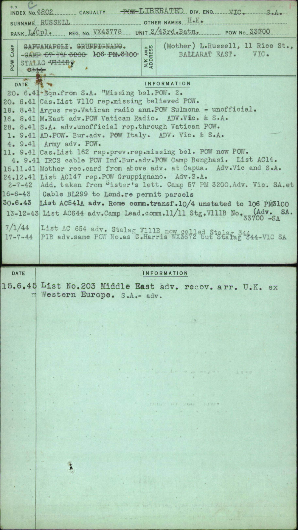 Russell, H E, VX43778