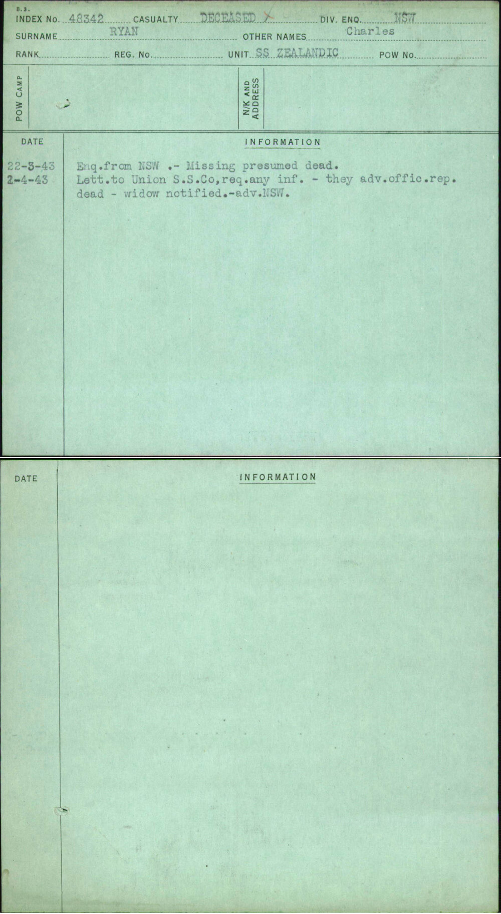 Ryan, Charles, [No Service Number]