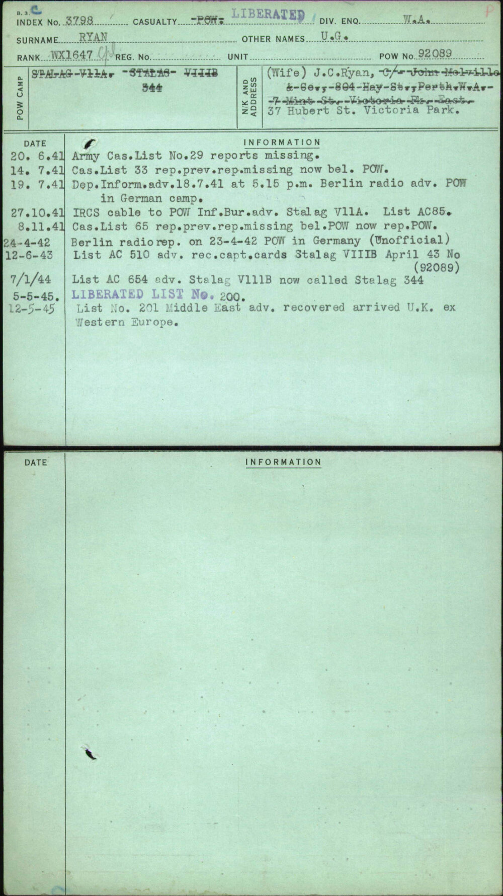 Ryan, U G, [No Service Number]