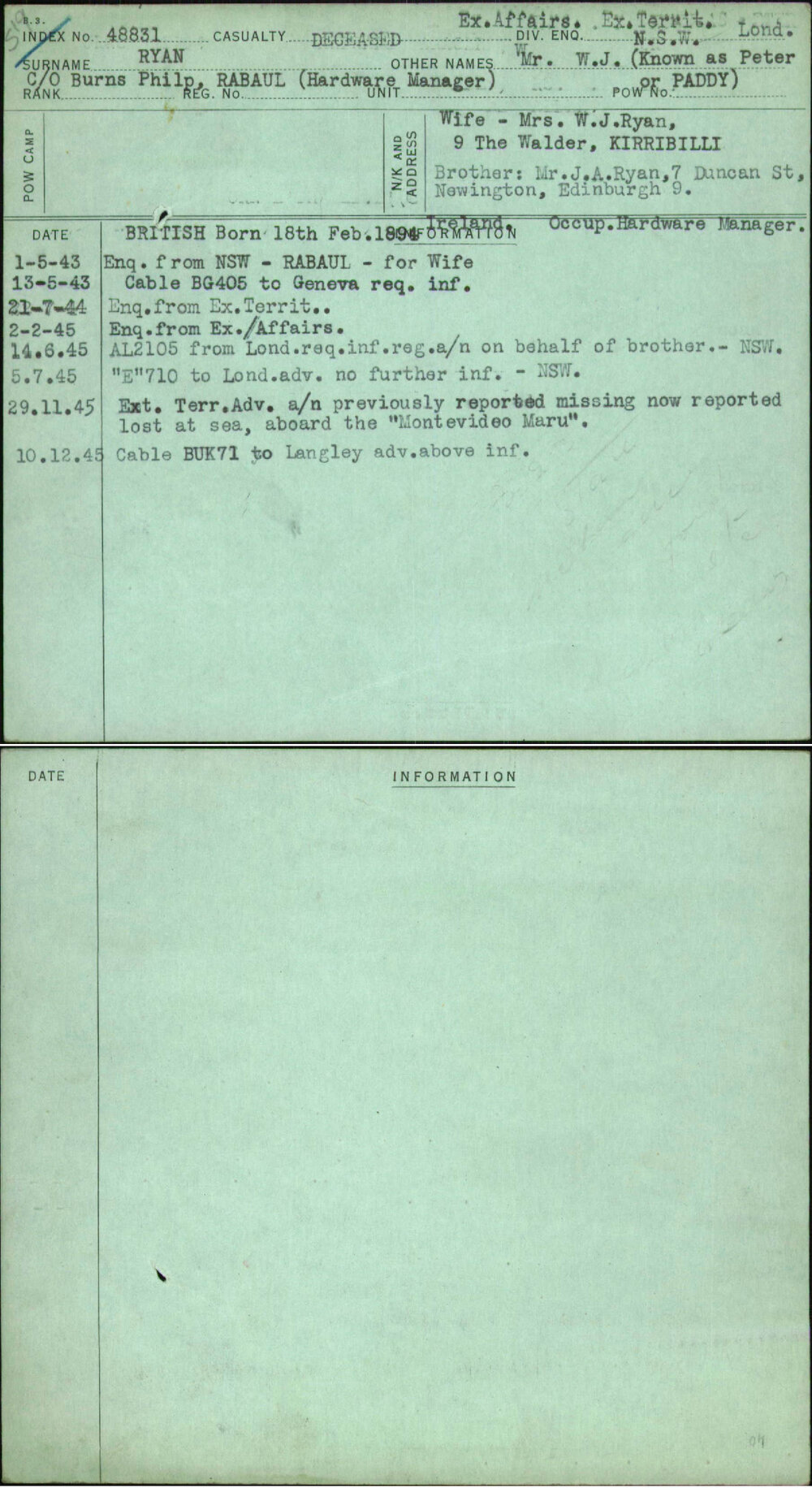 Ryan, Mr W J (Known As Peter Or Paddy), [No Service Number]