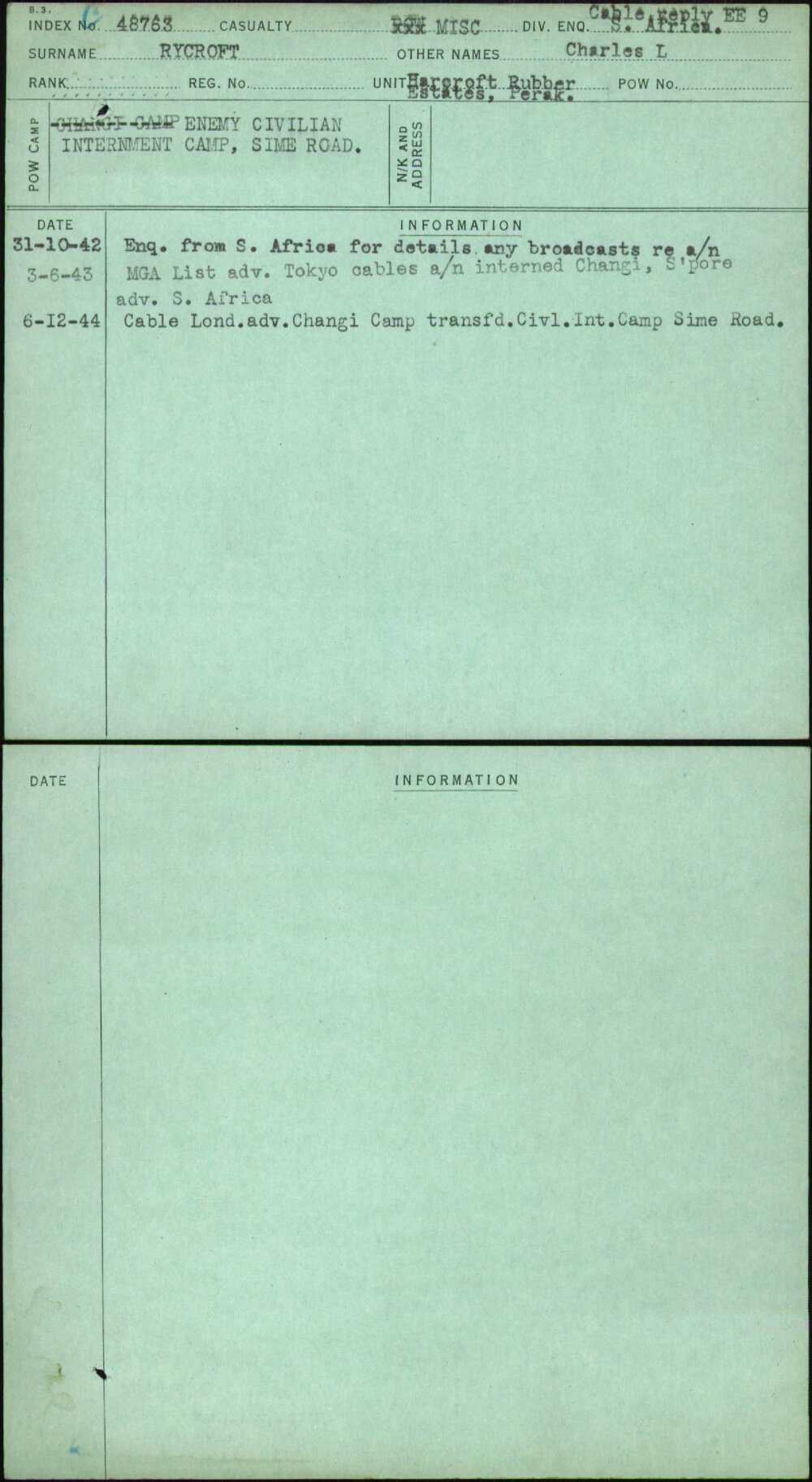 Rycroft, Charles L, [No Service Number]