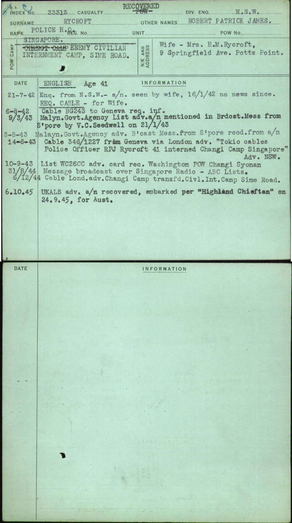 Rycroft, Robert Patrick James, [No Service Number]