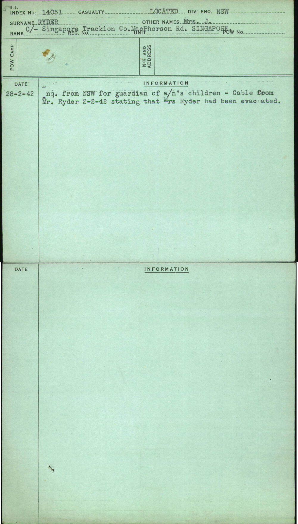 Ryder, Mrs J, [No Service Number]