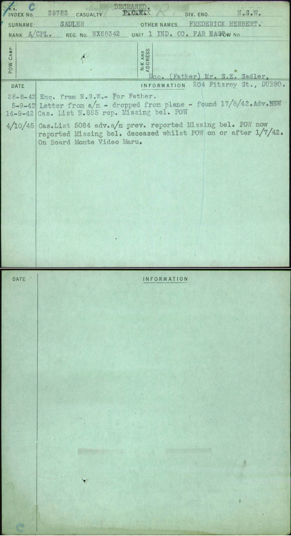 Sadler, Frederick Herbert, NX68342