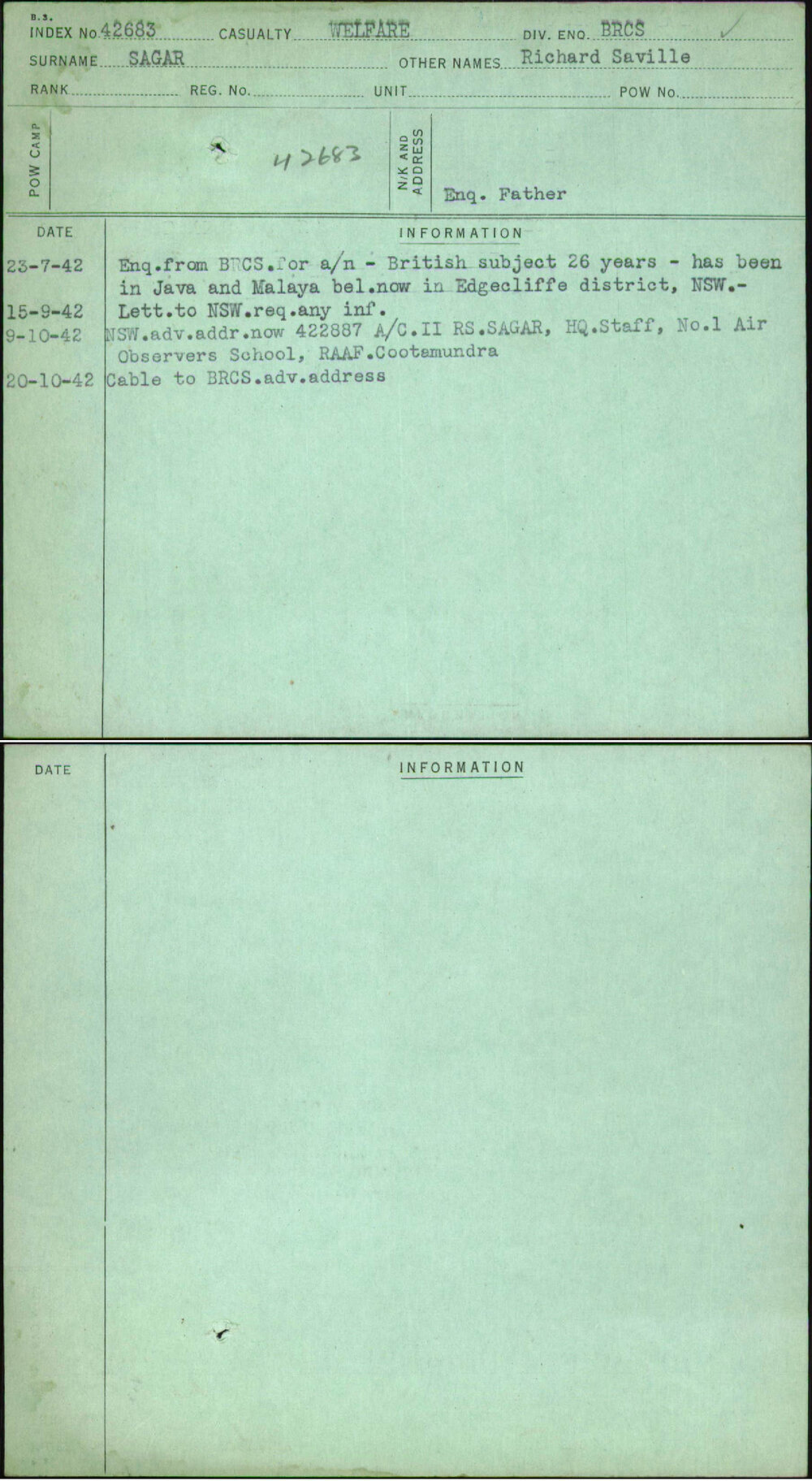Sagar, Richard Saville, [No Service Number]
