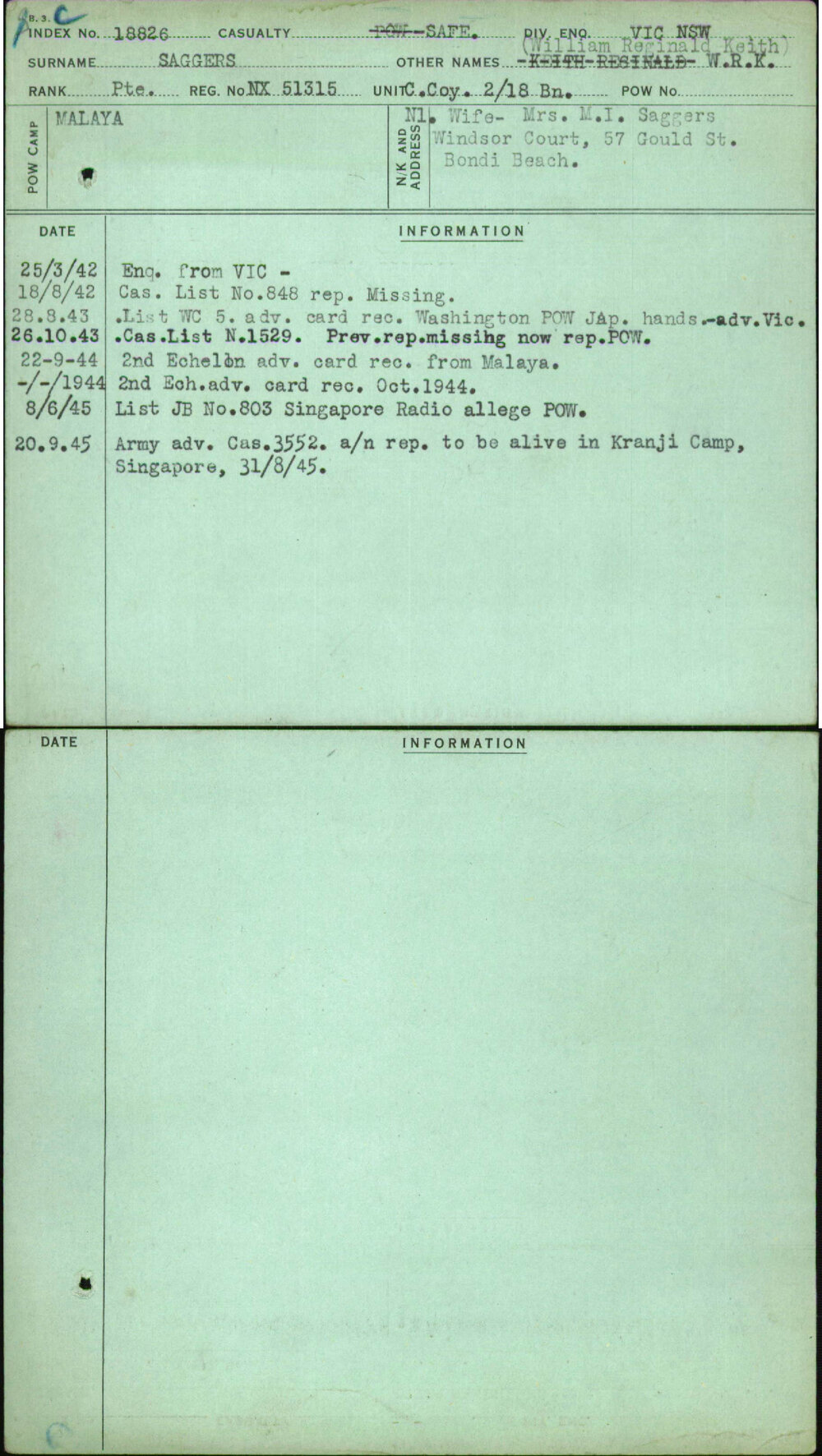 Saggers, William Reginald Keith, NX51315