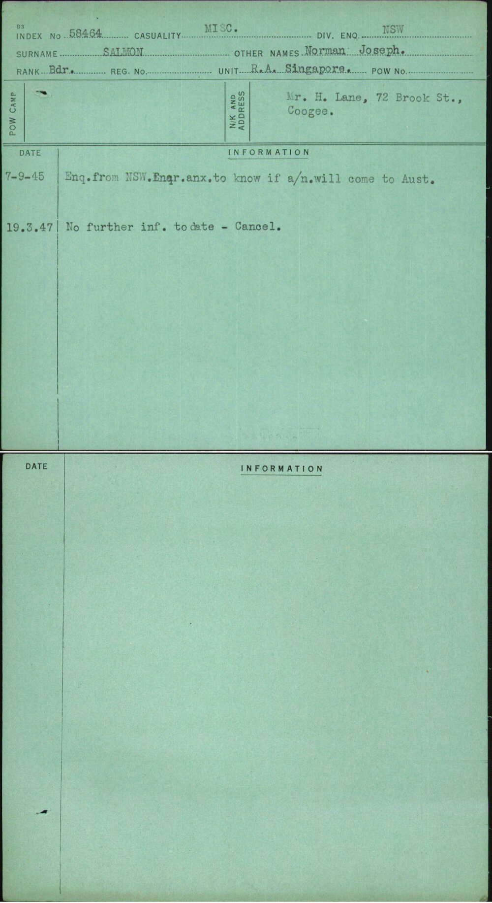 Salmon, Norman Joseph, [No Service Number]
