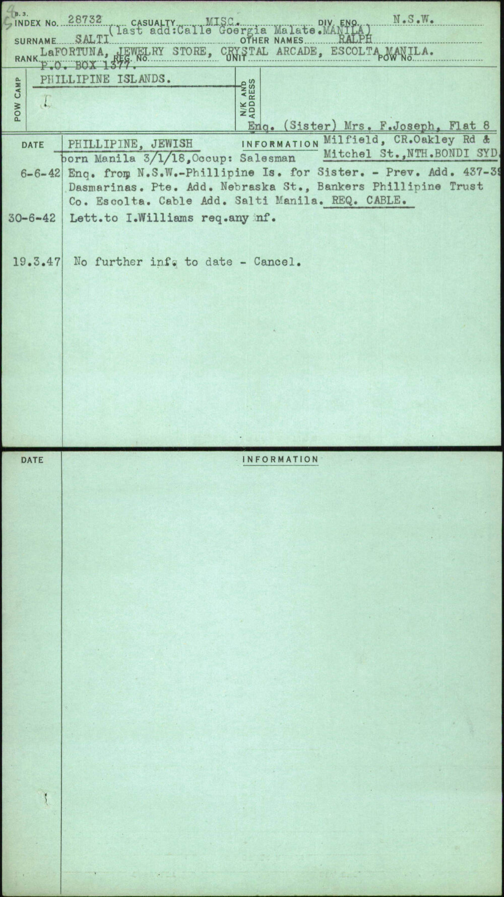 Salti, Ralph, [No Service Number]