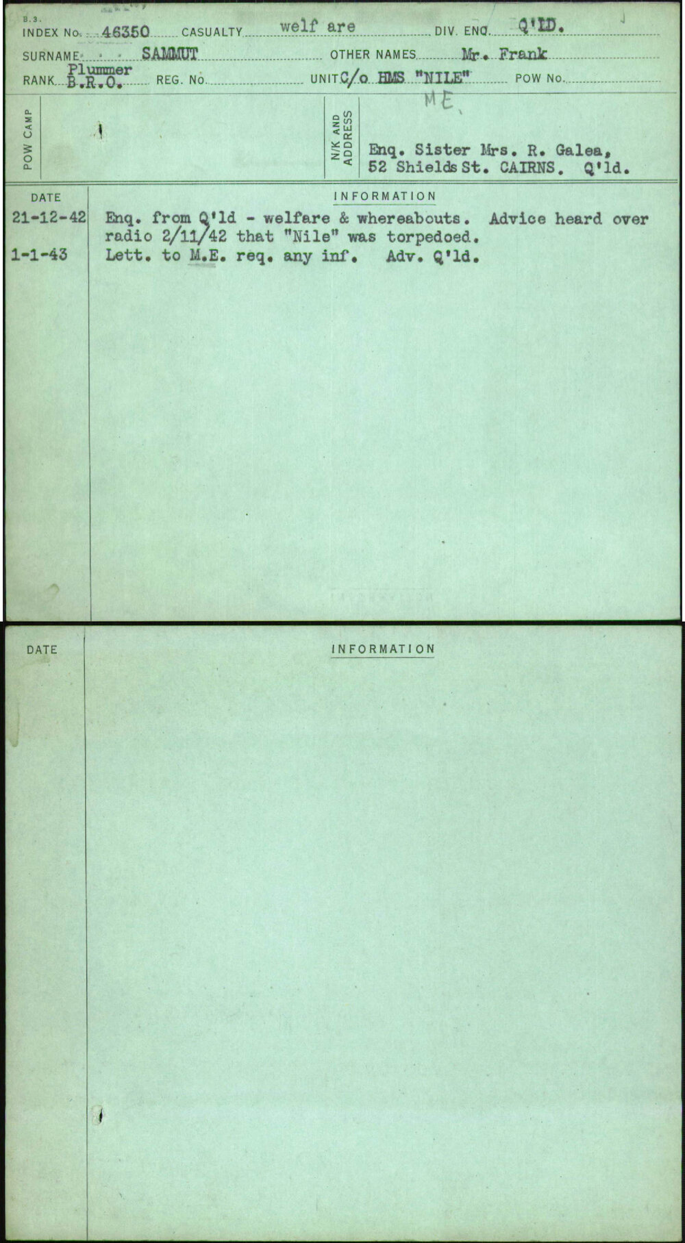 Sammut, Mr Frank, [No Service Number]