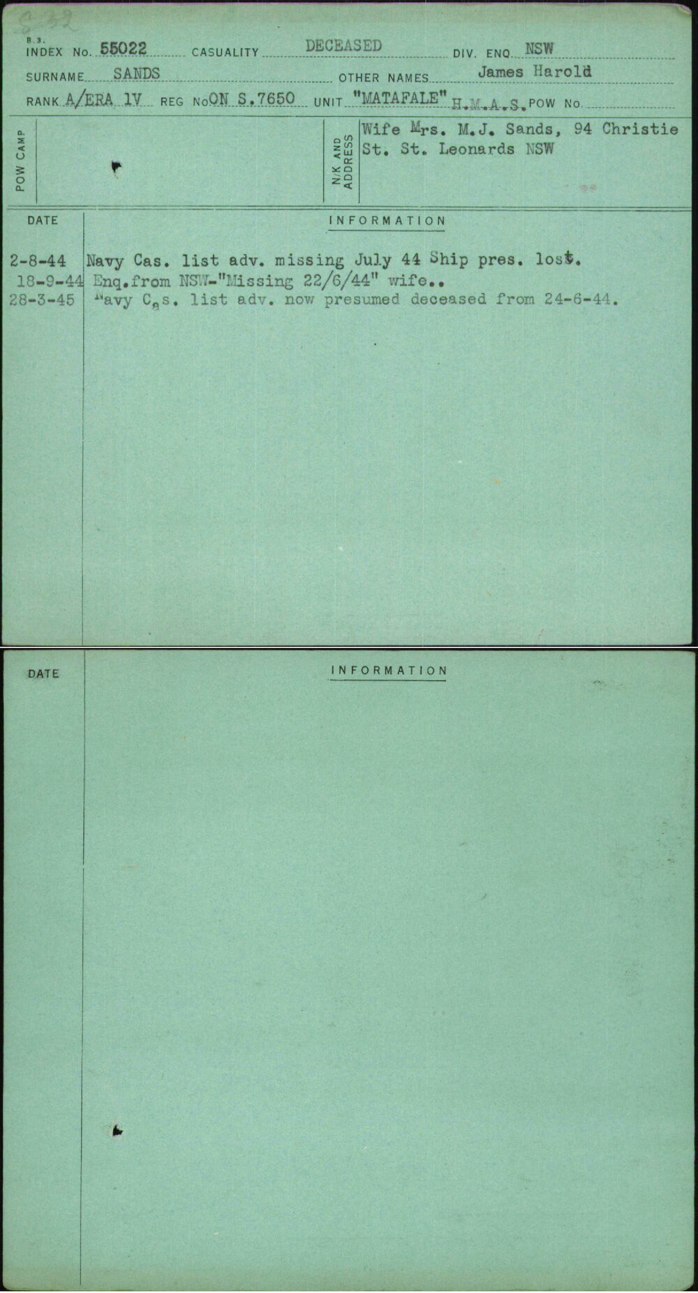 Sands, James Harold, On S7650