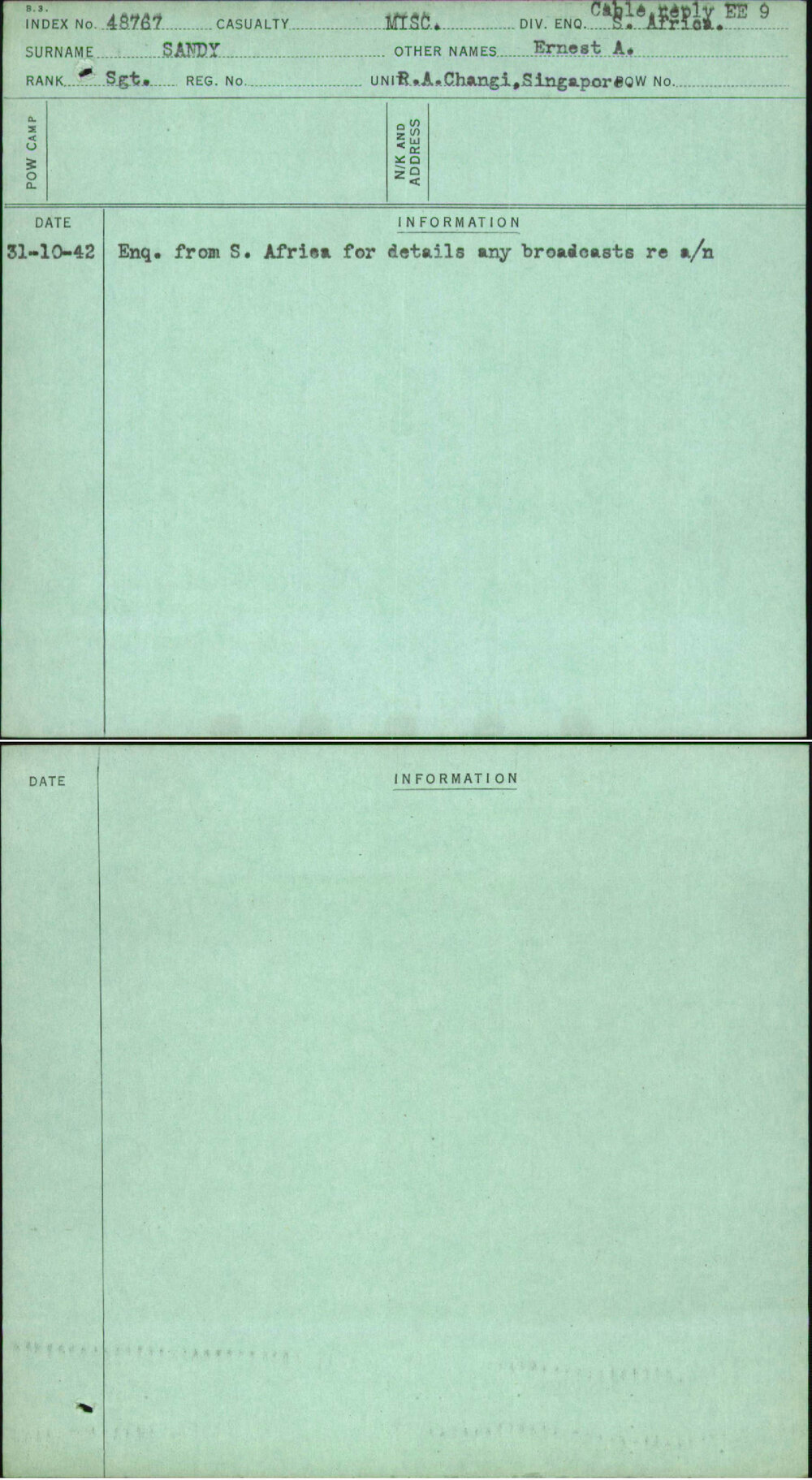 Sandy, Ernest A, [No Service Number]