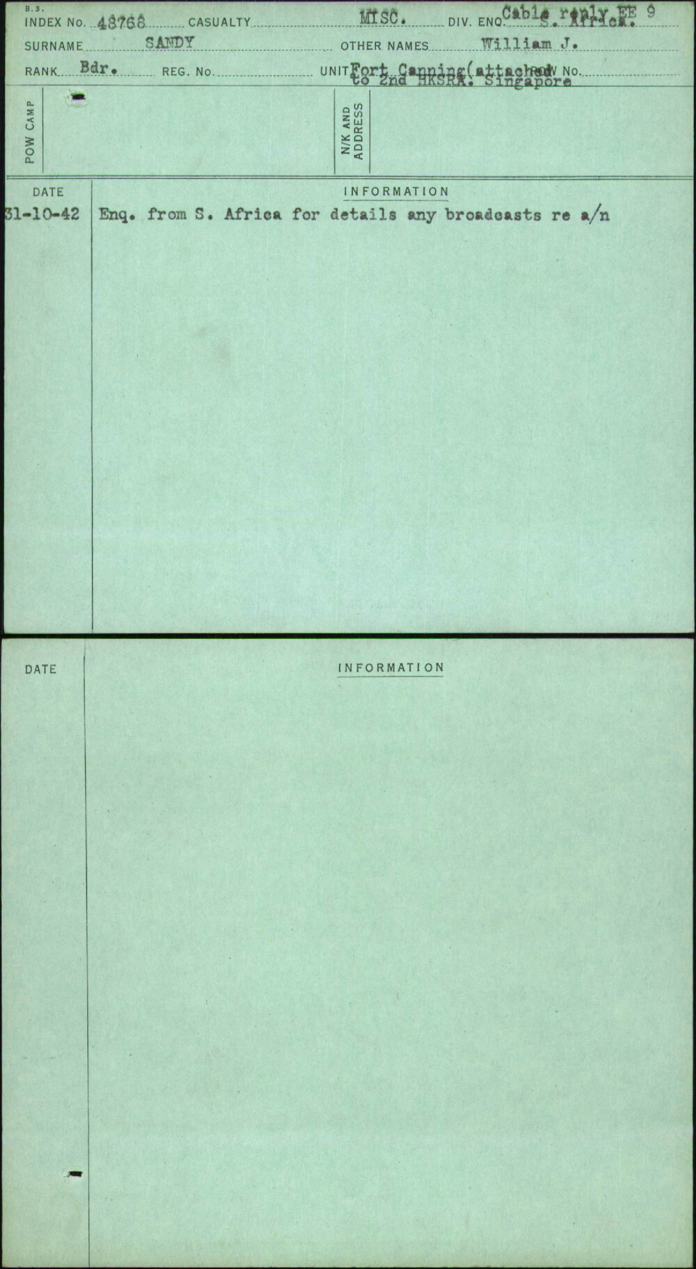 Sandy, William J, [No Service Number]