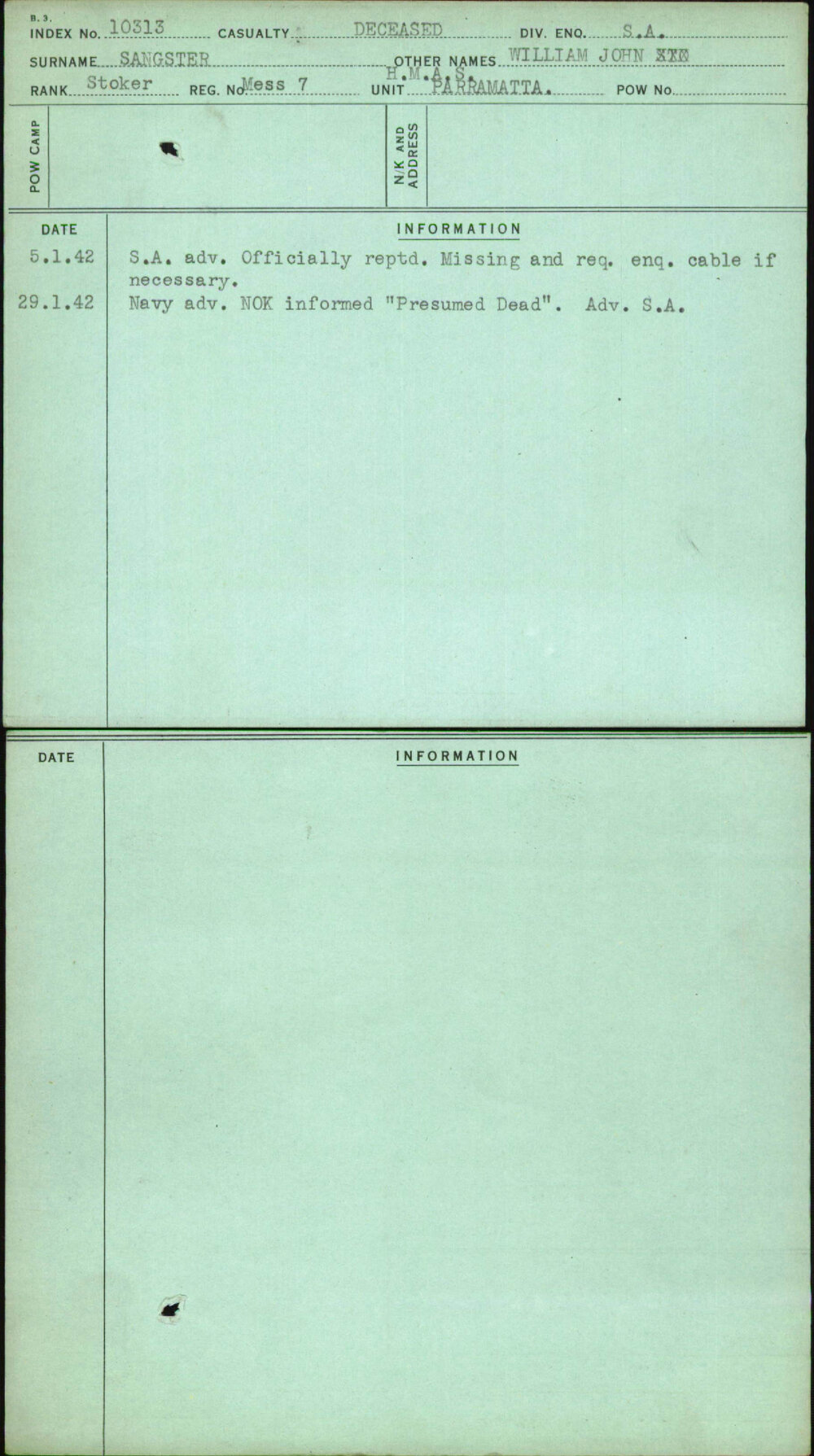 Sangster, William John, Mess7