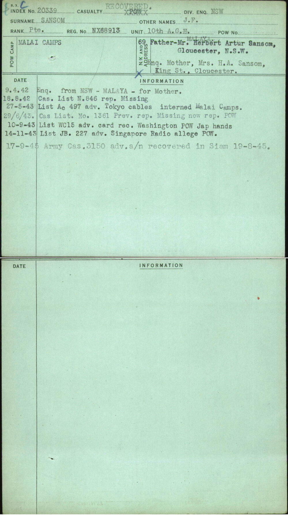 Sansom, J F, NX68913