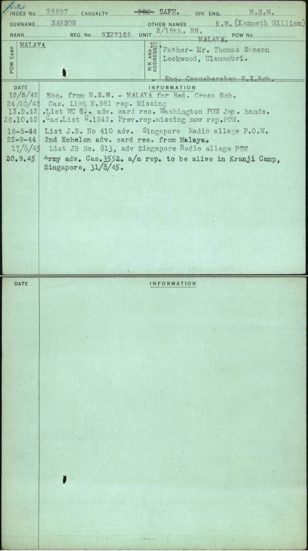 Sanson, K W (Kenneth William), NX27165