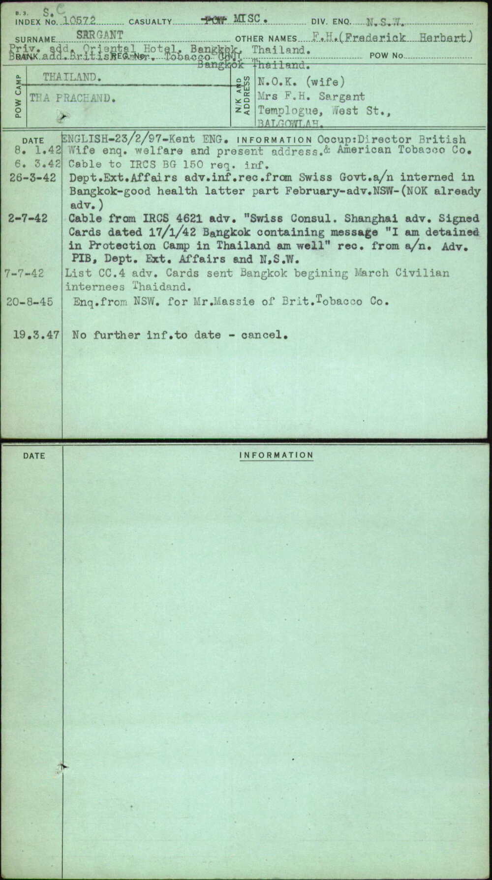 Sargant, F H (Frederick Herbert), [No Service Number]