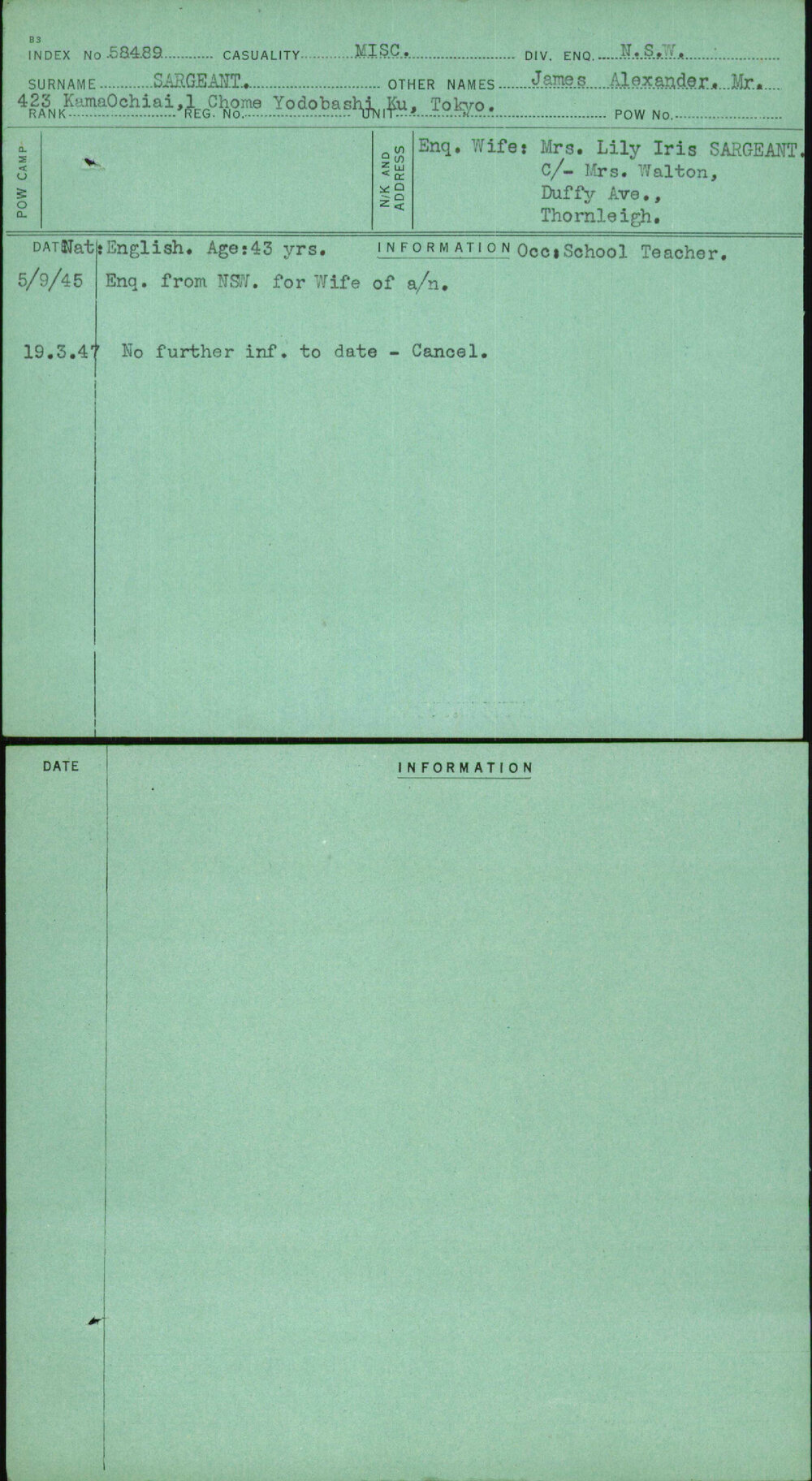 Sargeant, James Alexander Mr, [No Service Number]