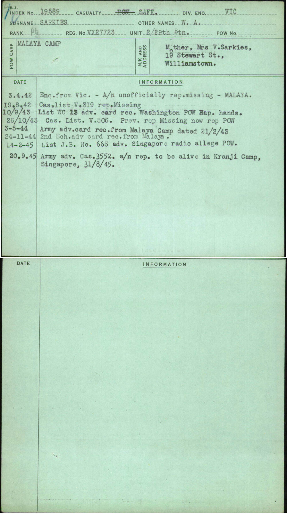 Sarkies, W A, VX27723