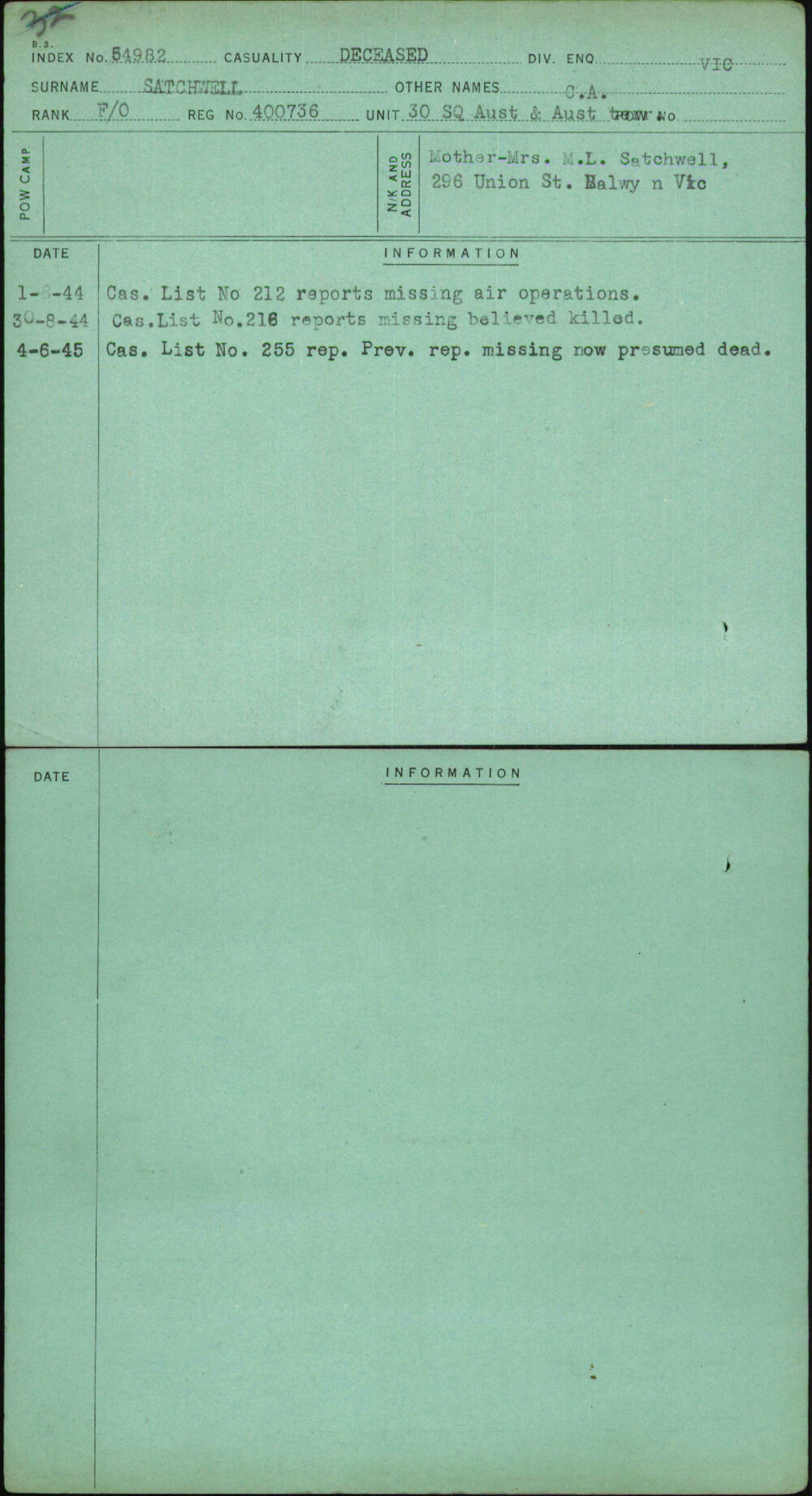 Satchwell, C A, 400736