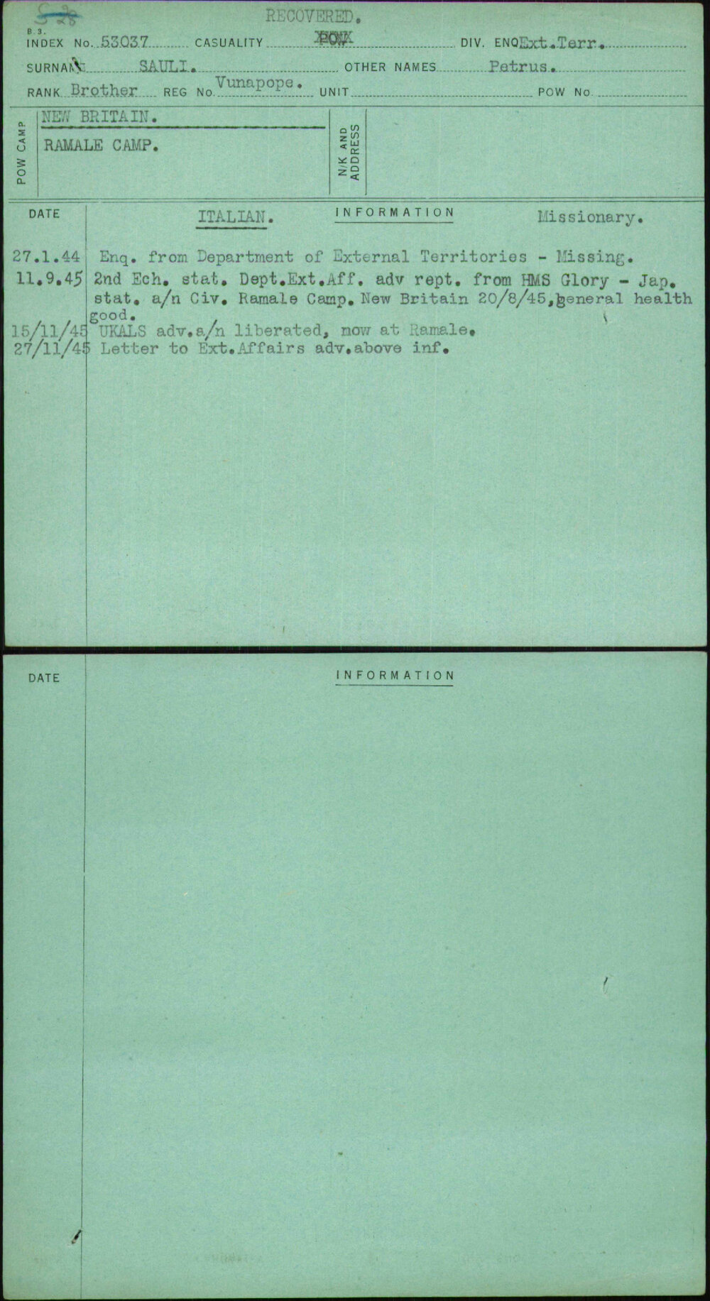 Sauli, Petrus, [No Service Number]