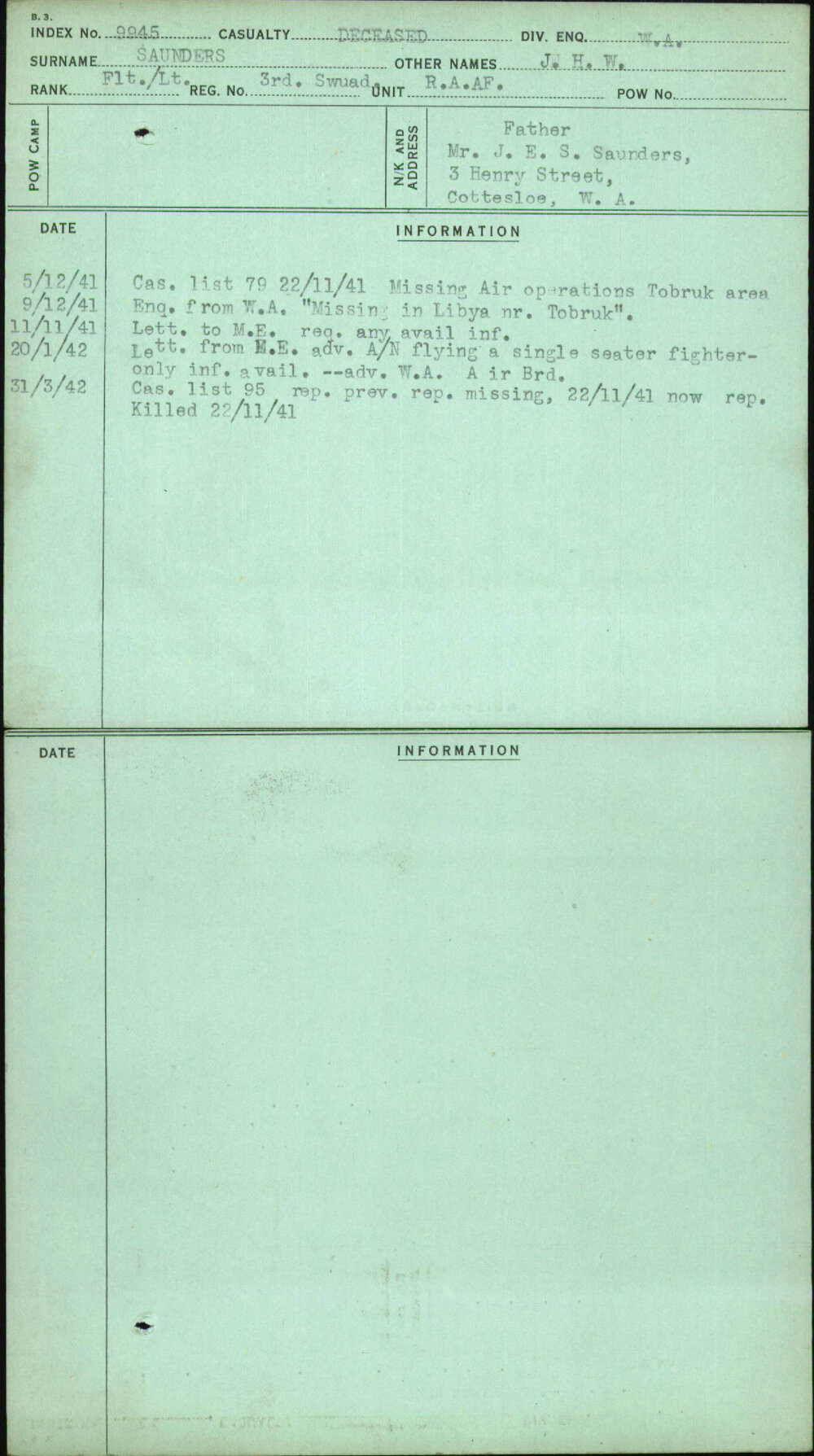 Saunders, J H W, [No Service Number]