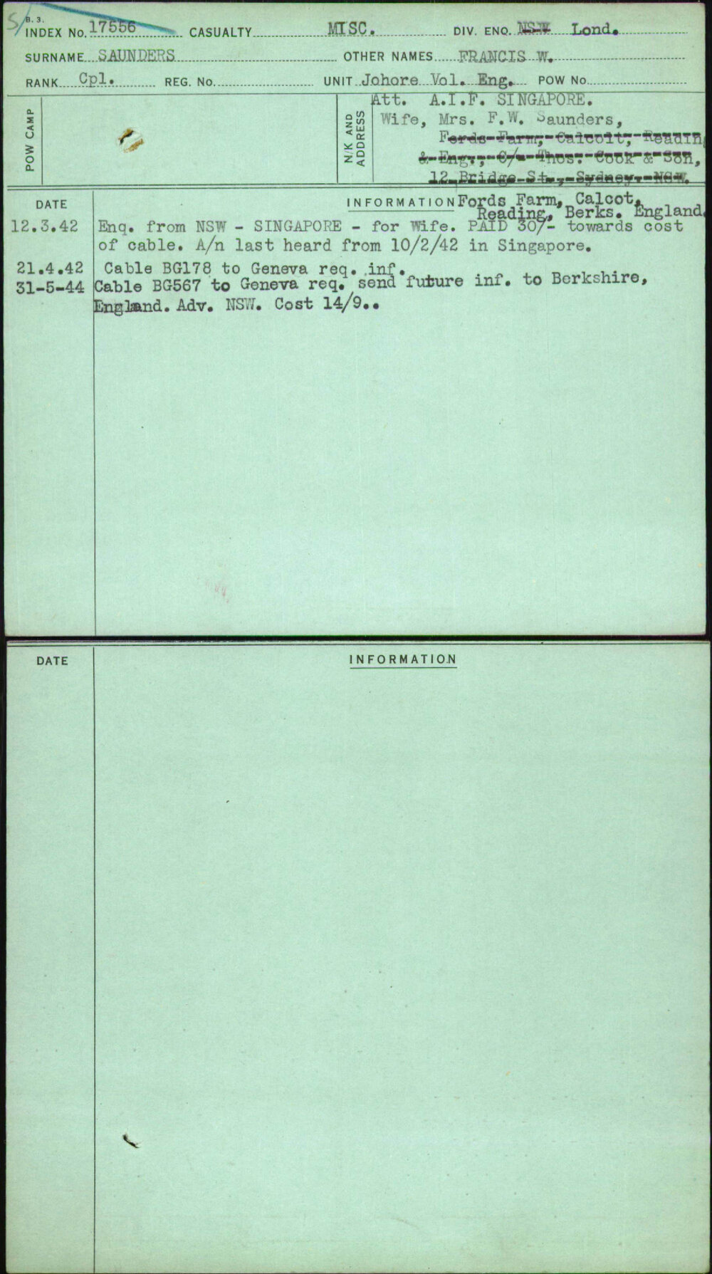 Saunders, Francis W, [No Service Number]