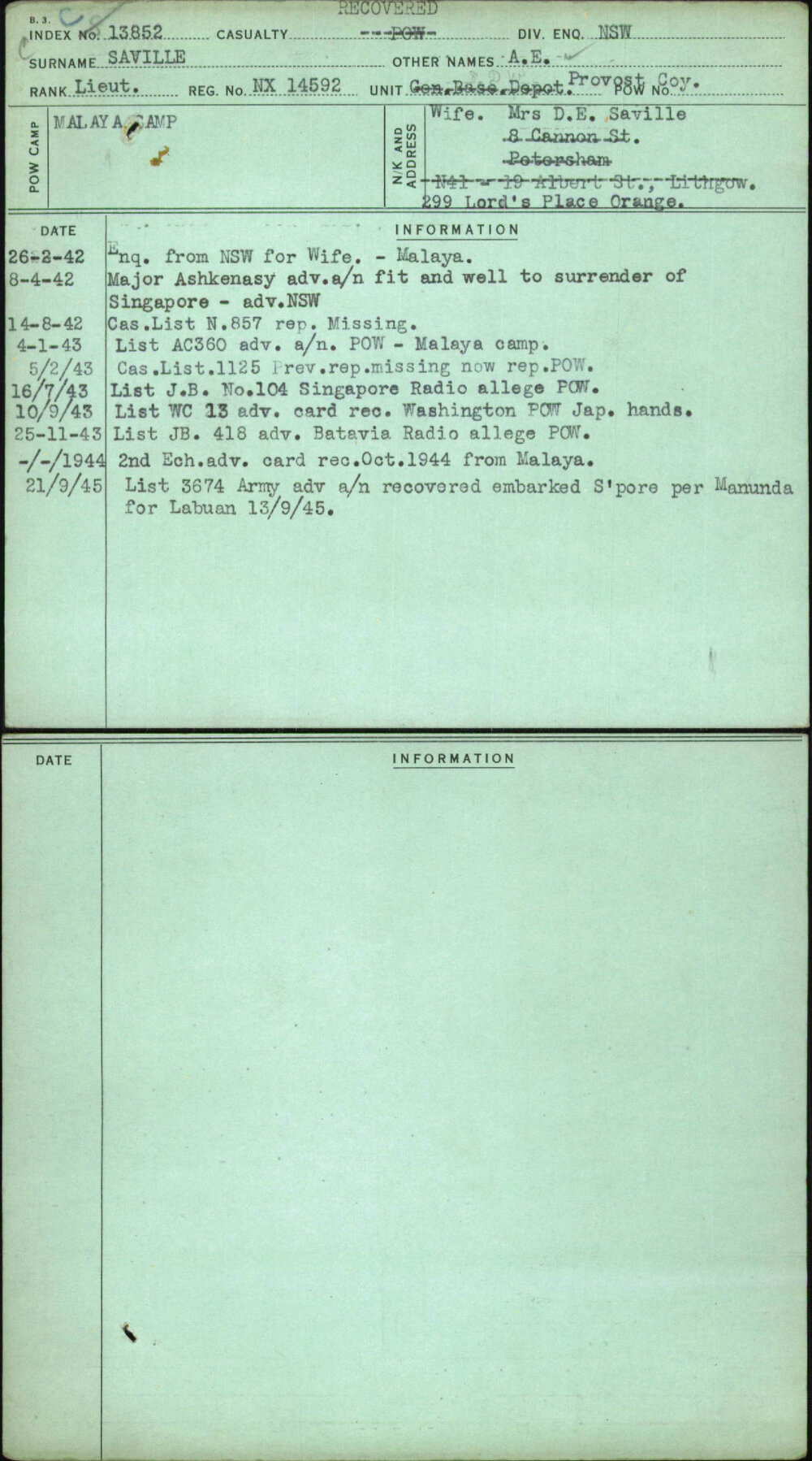 Saville, A E, NX14592