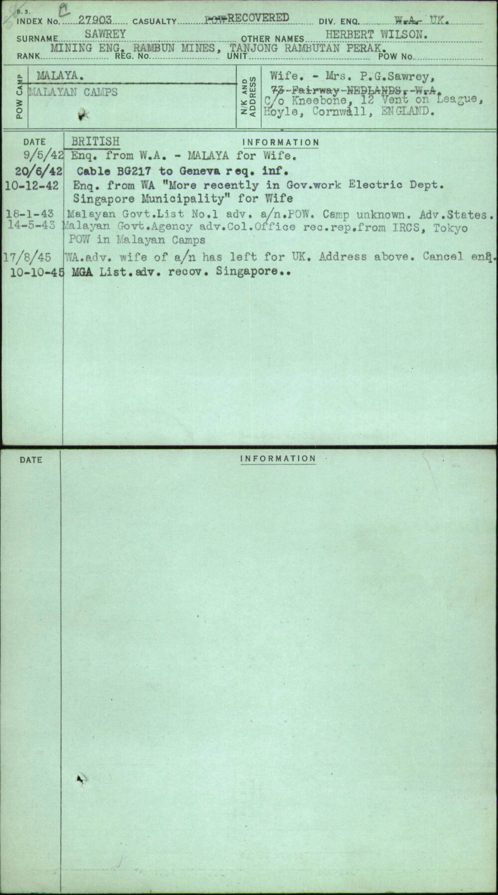 Sawrey, Herbert Wilson, [No Service Number]