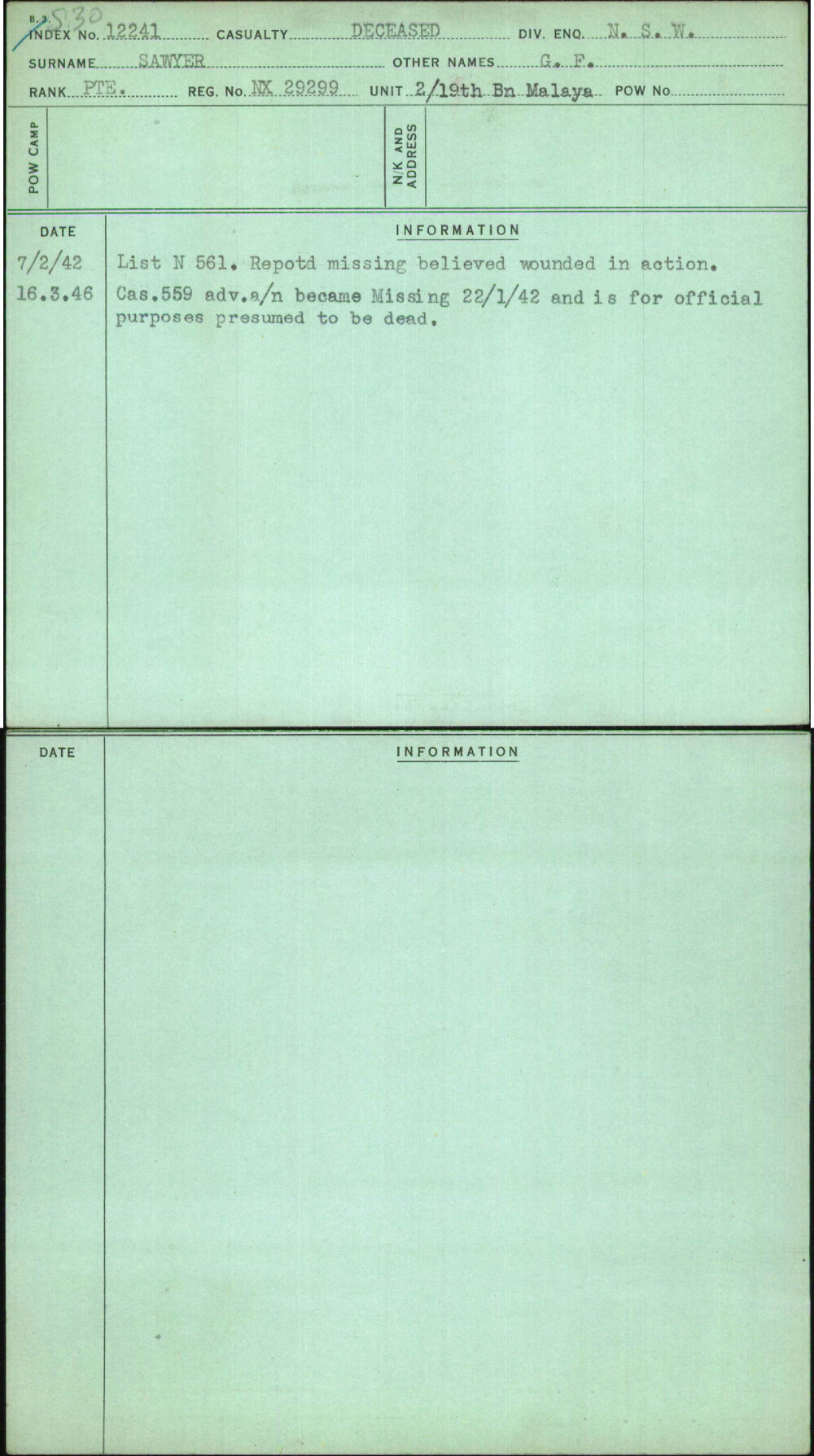 Sawyer, G F, NX29299