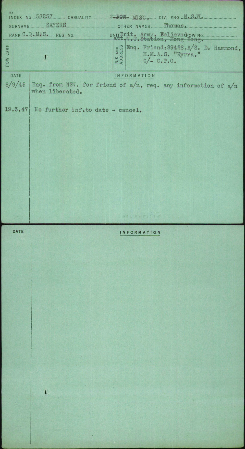 Sayers, Thomas, [No Service Number]