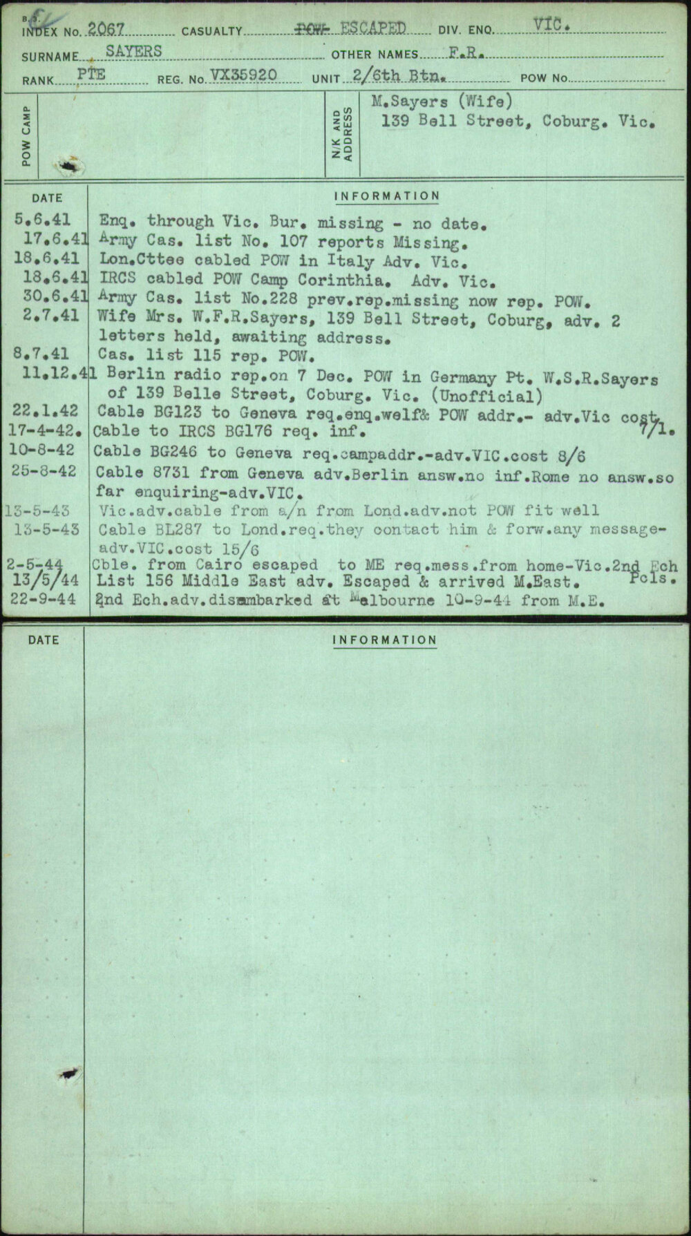 Sayers, F R, VX35920