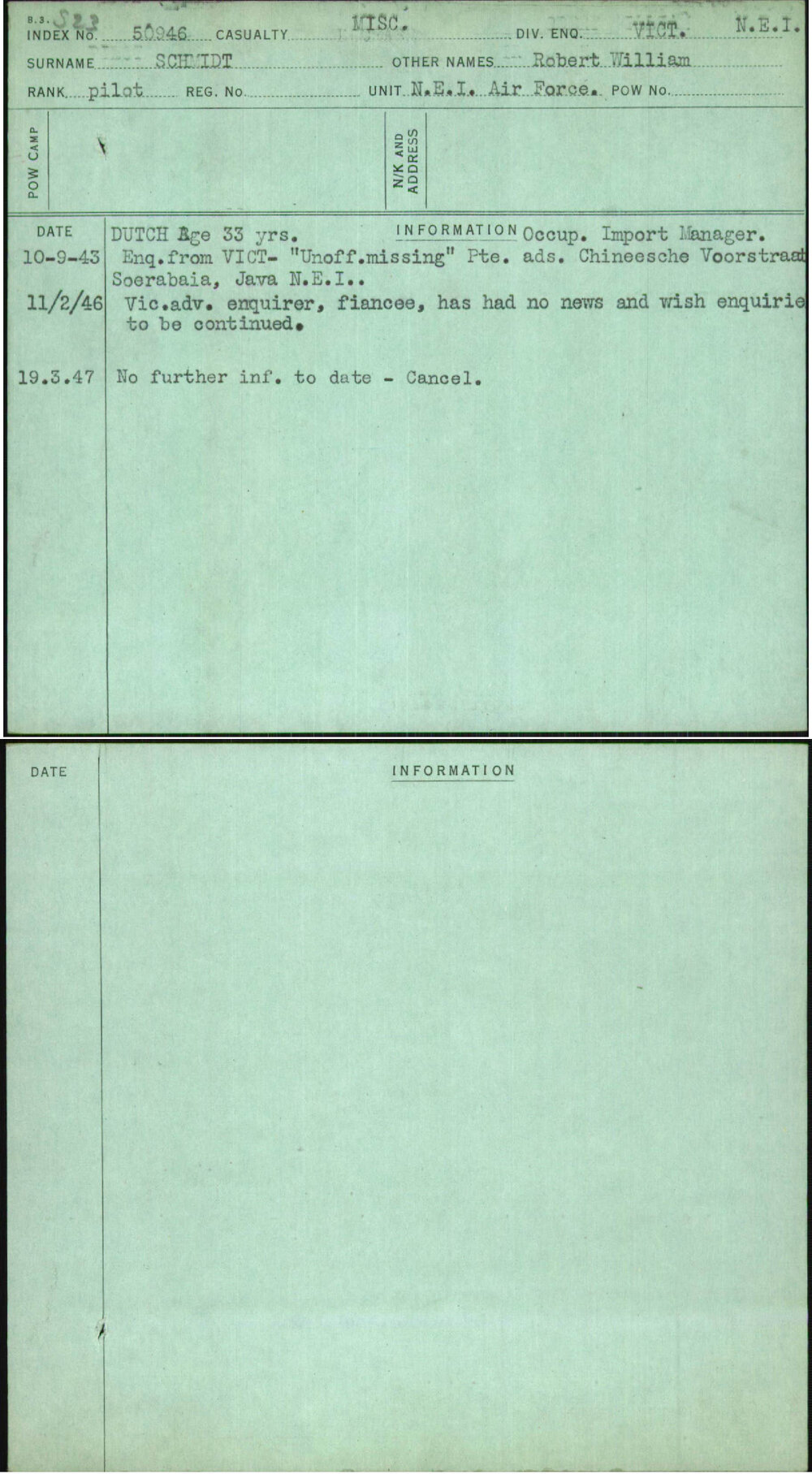 Schmidt, Robert William, [No Service Number]