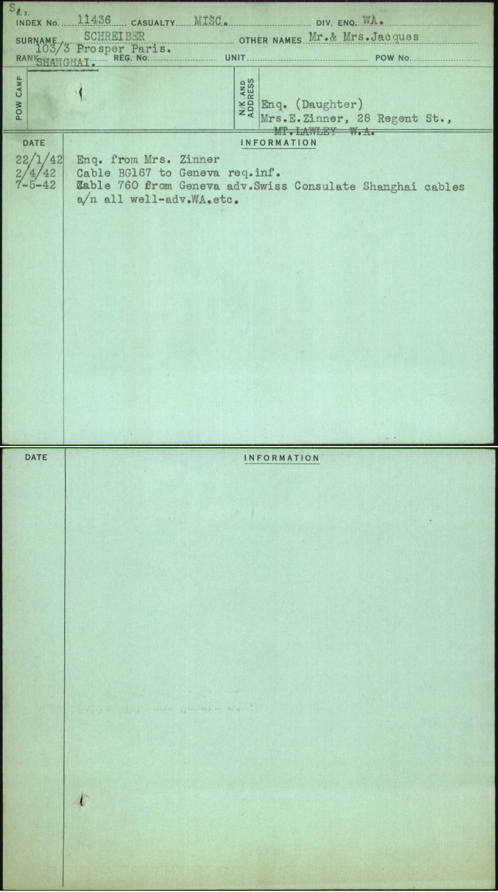 Schreiber, Mr &amp; Mrs Jacques, [No Service Number]