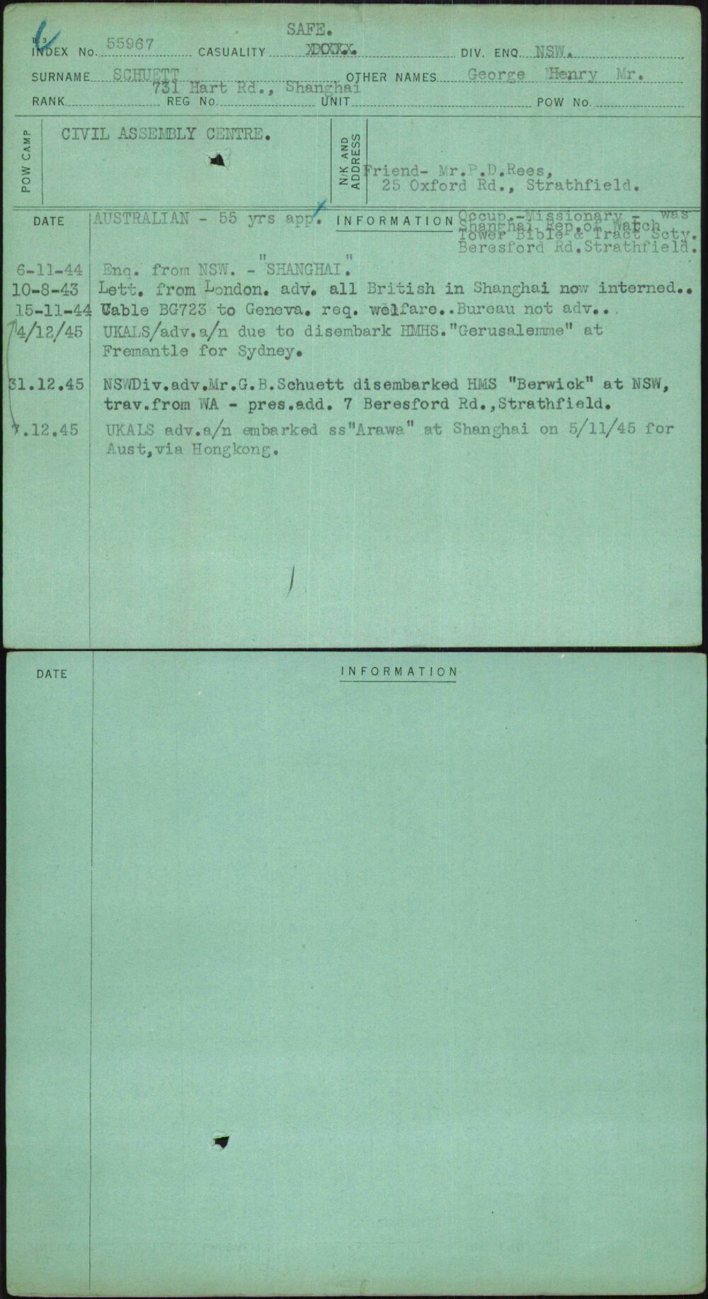 Schuett, George Henry Mr, [No Service Number]
