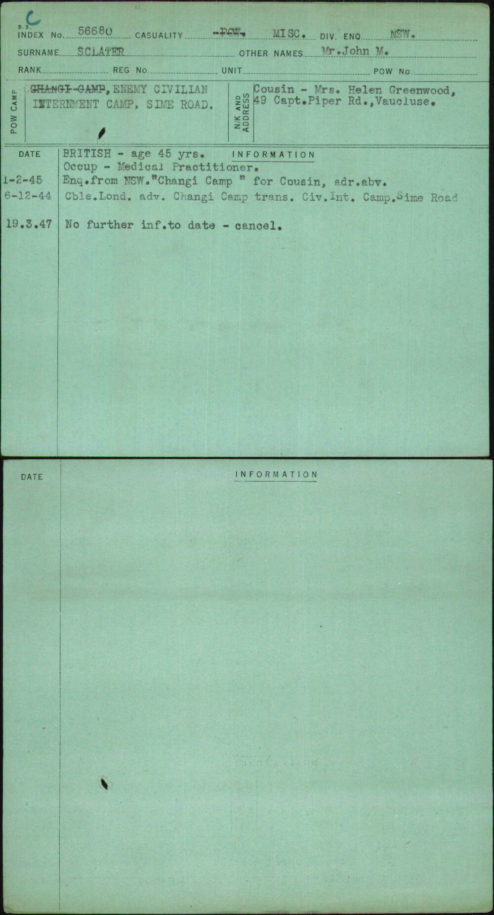 Sclater, Mr John M, [No Service Number]