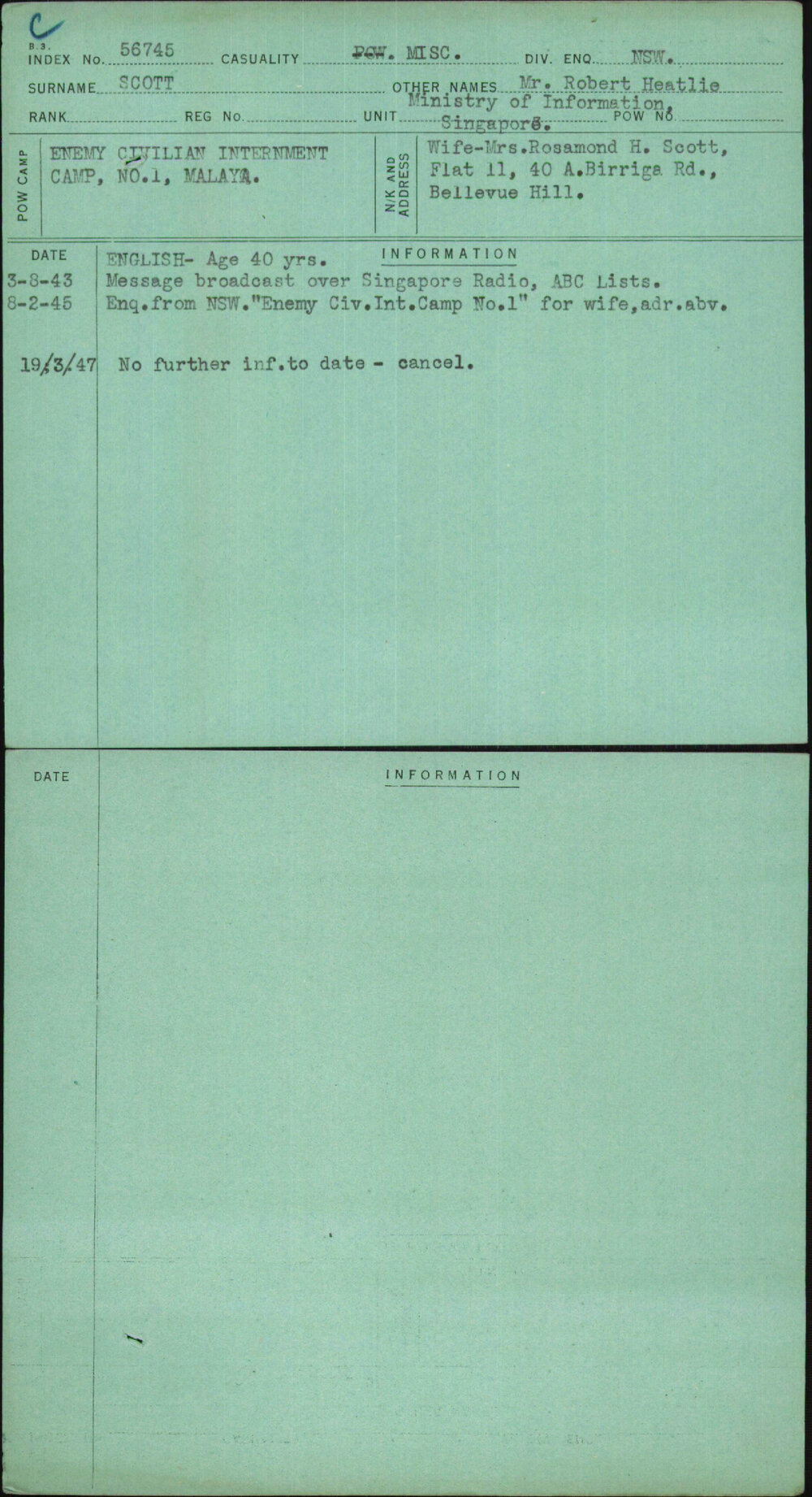 Scott, Mr Robert Heatlie, [No Service Number]