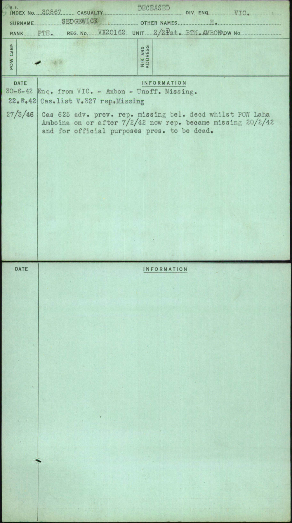 Sedgewick, H, VX20162