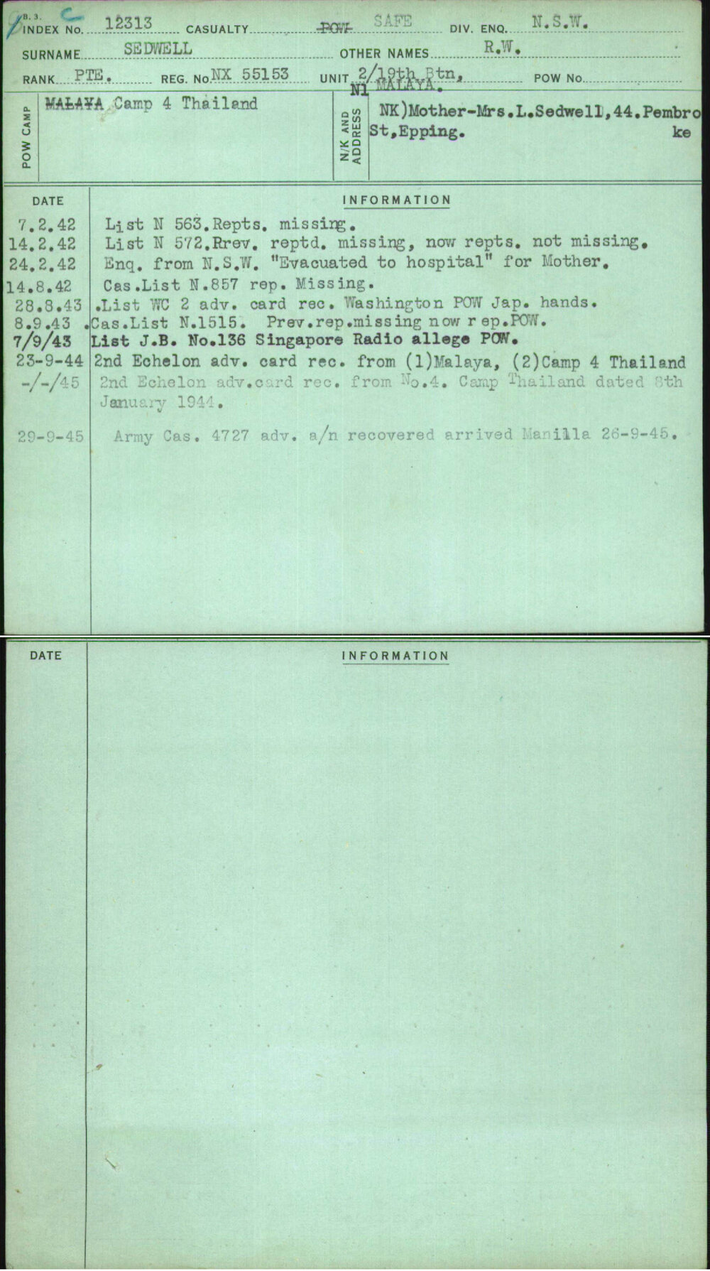 Sedwell, R W, NX55153