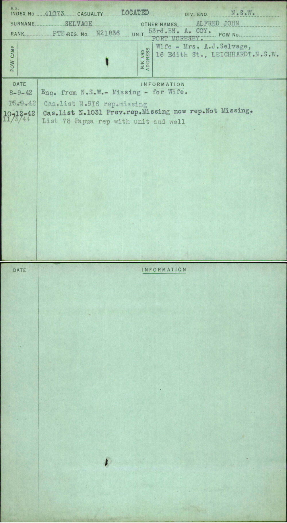 Selvage, Alfred John, N21836