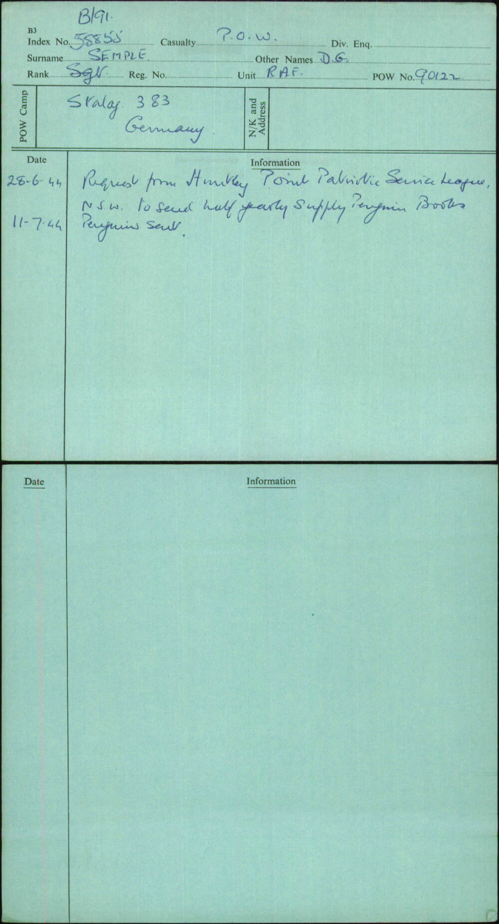 Semple, D G, [No Service Number]