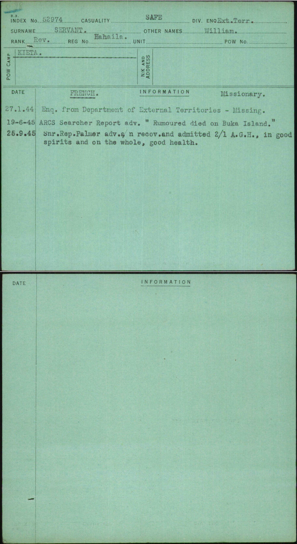 Servant, William, [No Service Number]