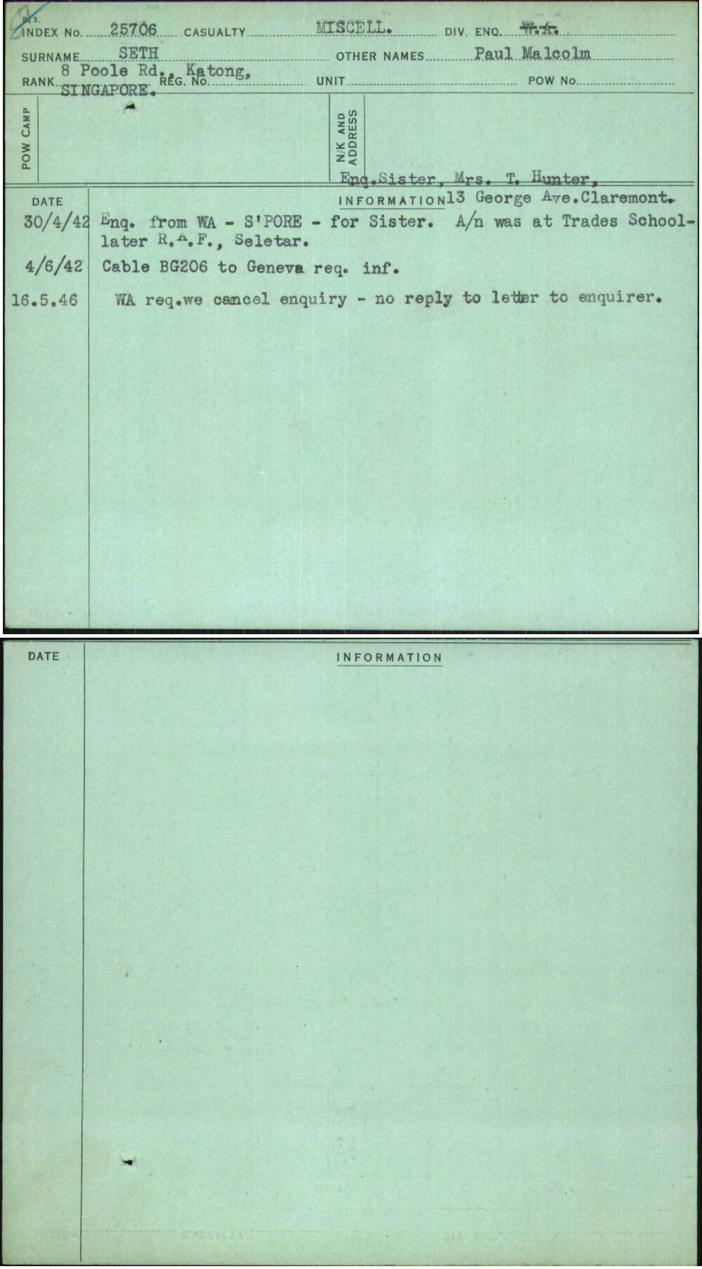 Seth, Paul Malcolm, [No Service Number]