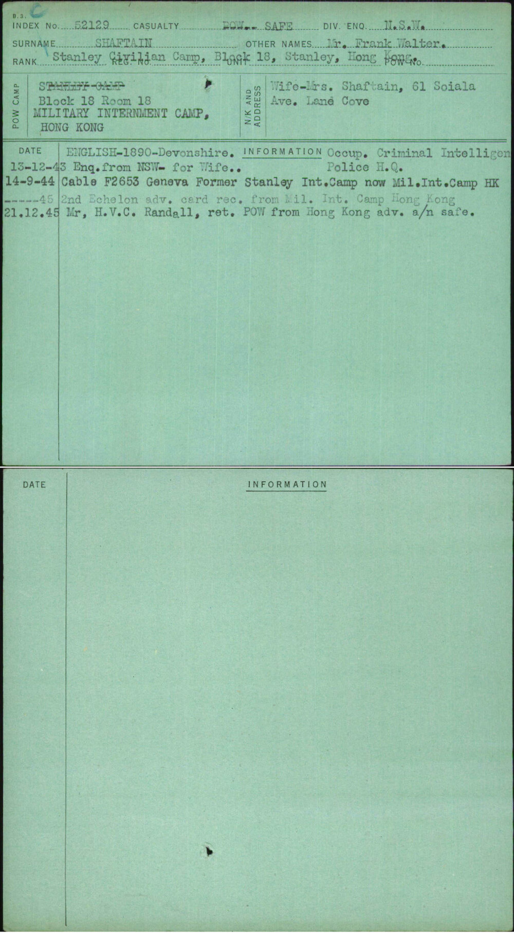 Shaftain, Mr Frank Walter, [No Service Number]